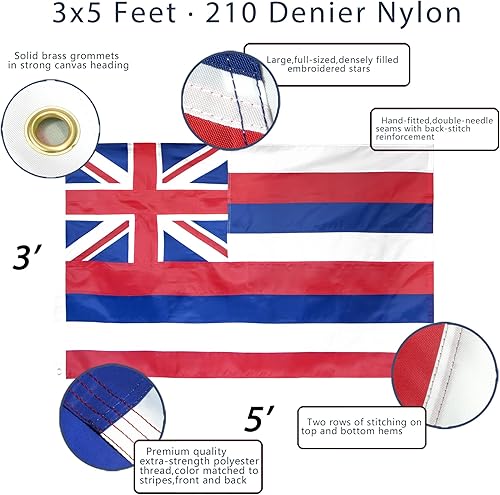 Miniatura 2 de Anley EverStrong Series - Bandera bordada del estado de Hawái de 3 x 5 pies, cabecera de lona bordada y resistente, 4 filas de costuras de