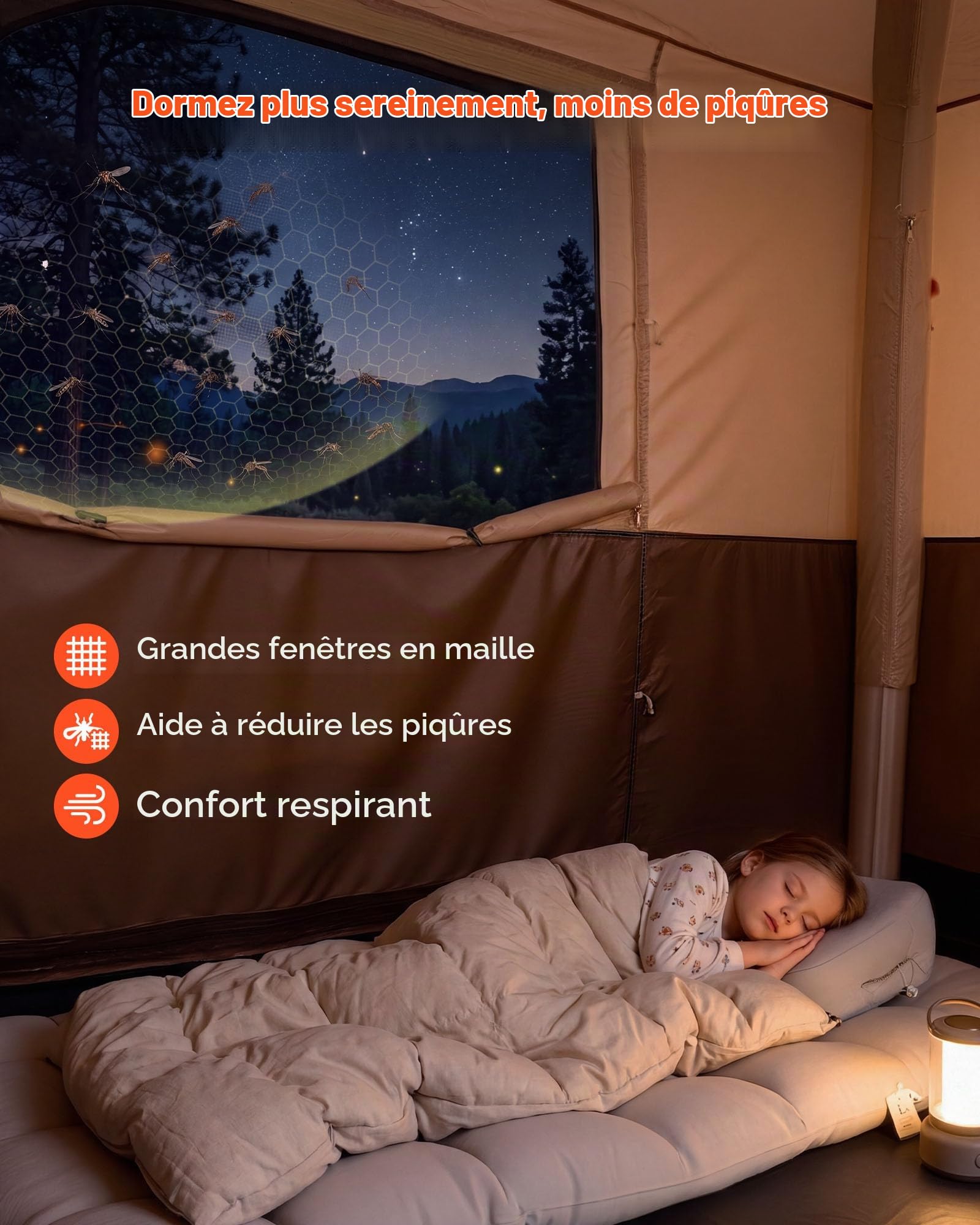 VEVOR Tente Gonflable 8 Personnes Pompe Rechargeable Tente de Camping Beige, pour Randonnée et Pique-niques en Famille, avec Tubes d'Air en TPU, 4 Grandes Fenêtres en Maille, Sac de Transport Portable