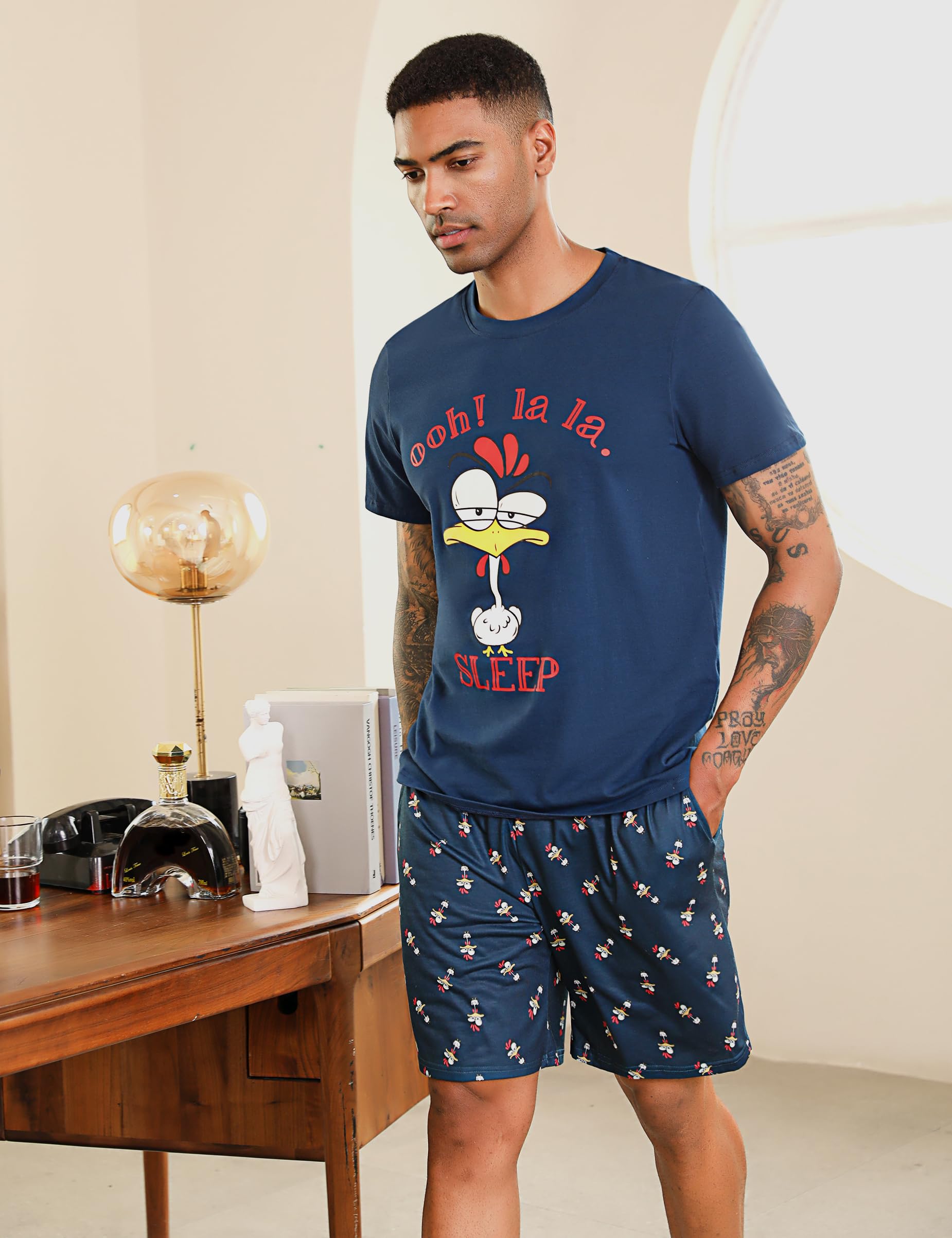 Pigiama da Uomo in Cotone Pigiama Estivo Corto Set Manica Corta Modello Carino Stampa Sleepwear Loungewear