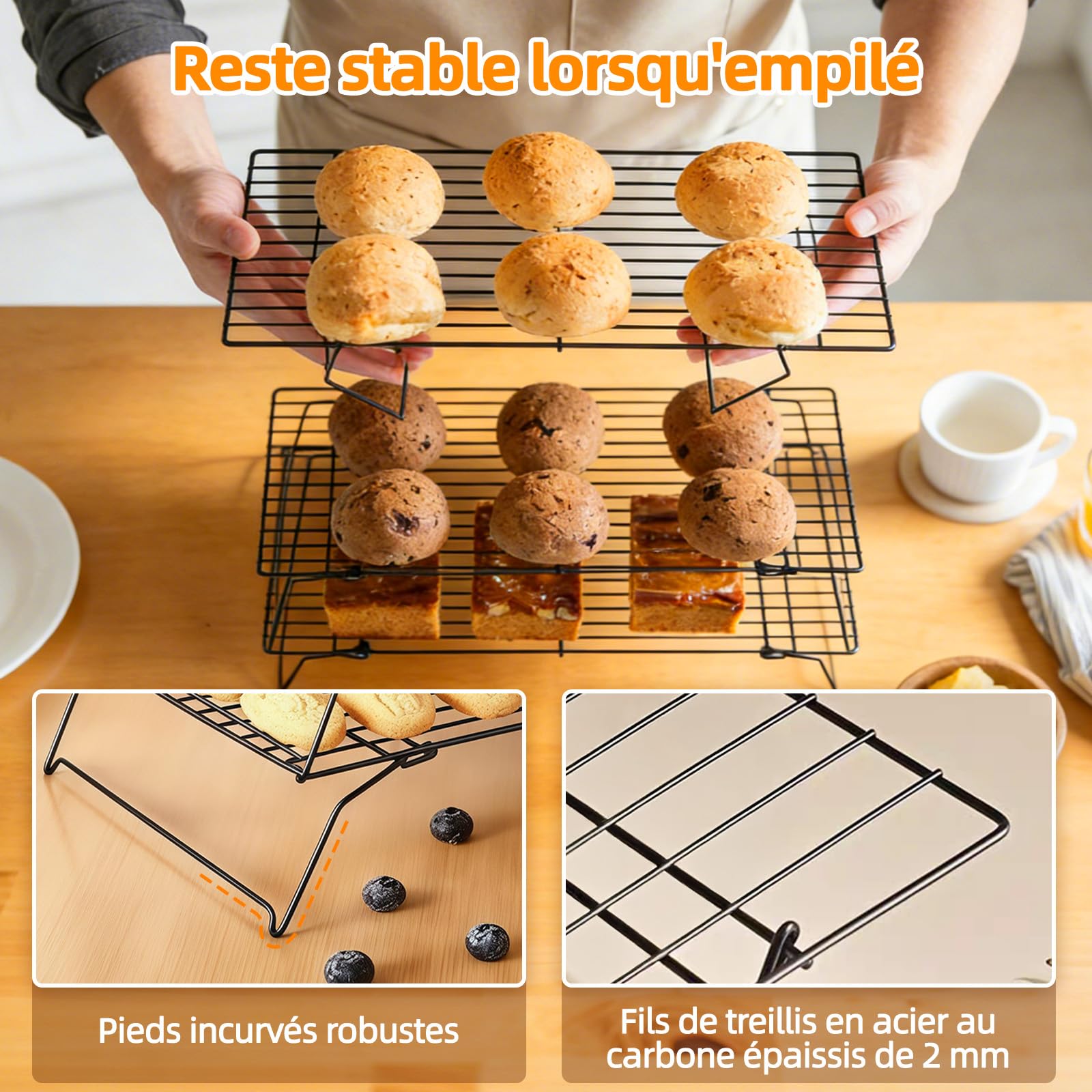 Grille de Refroidissement Pâtisserie Acier Carbone Antiadhésive 40x25 cm Pliable Empilable 3 Niveaux