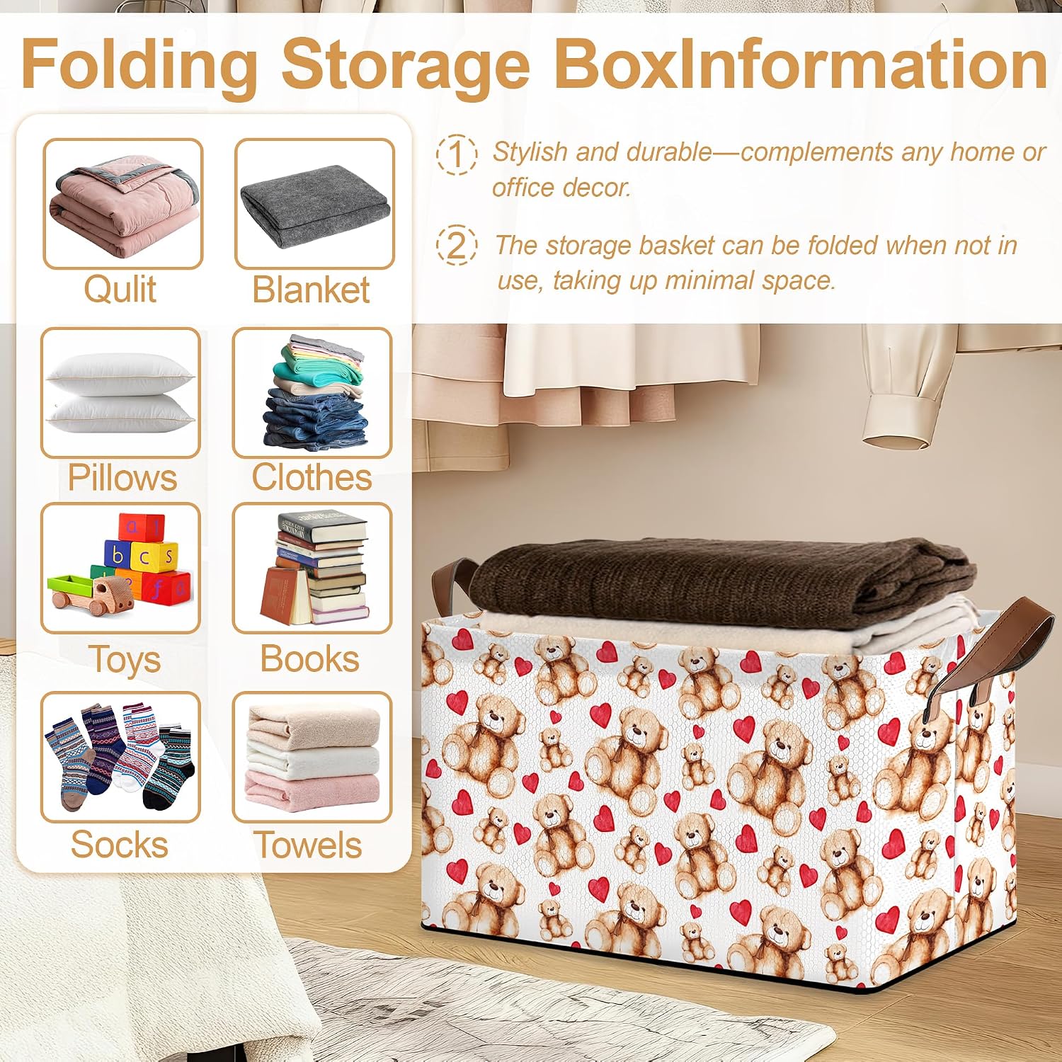 Bear Heart Storage Bin with Handles, Valentines Love Basket Storage Organizer for Shelves, Closet, Nursery, Book, Laundry Hamper & Home Decor