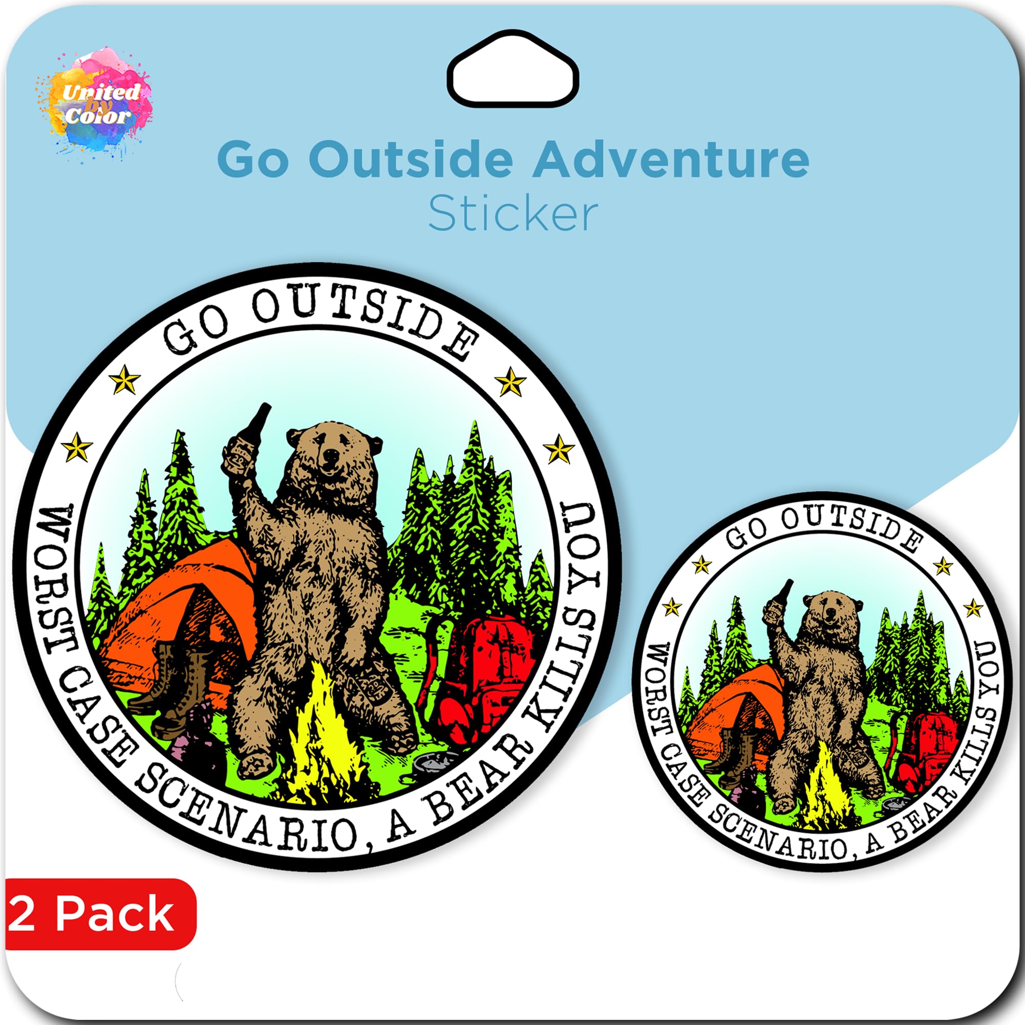 United by Color Go Outside Worst Case Scenario A Bear Kills You Vinyl Sticker (2Pack) - Strong Adhesive Waterproof Bear Stickers for Water Bottles,