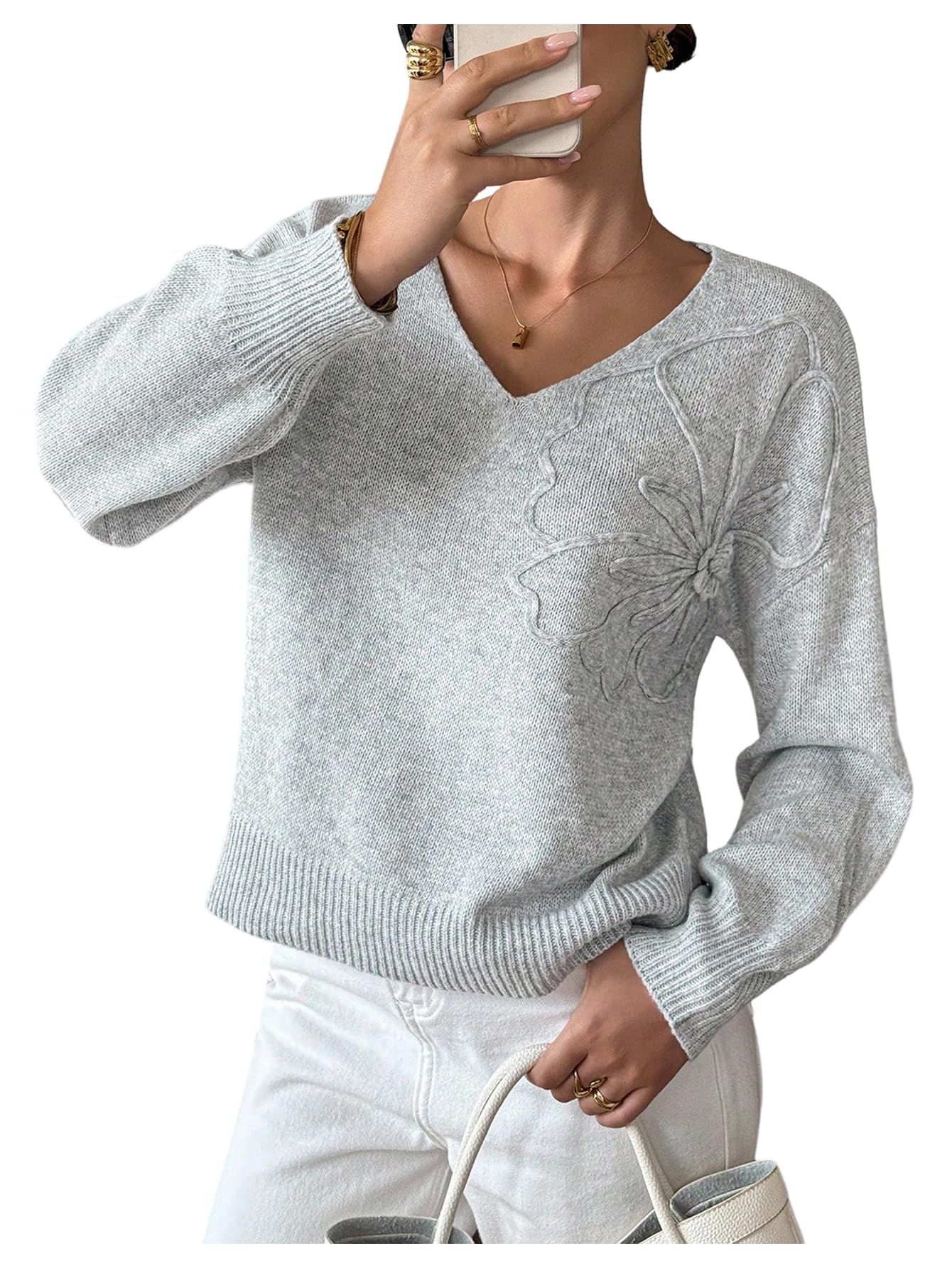 MakeMeChic Womens Winter Elegant 3D Floral Sweater V Neck Long Sleeve Oversized Knit Top