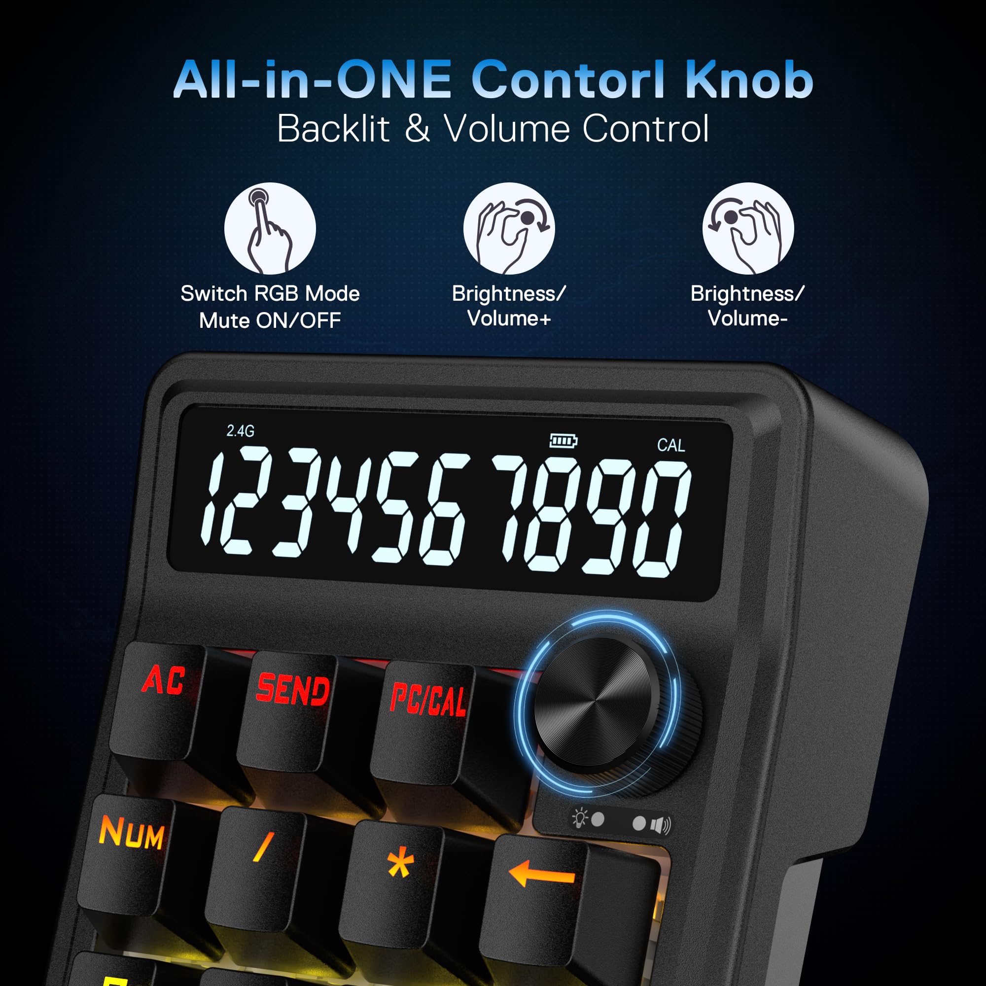 Redragon K733 PRO - Cuscinetto numerico RGB con guarnizione wireless, tastierino numerico meccanico a 22 tasti w/PC e modalità di calcolo, display calcolatrice a 10 cifre, controllo manopola