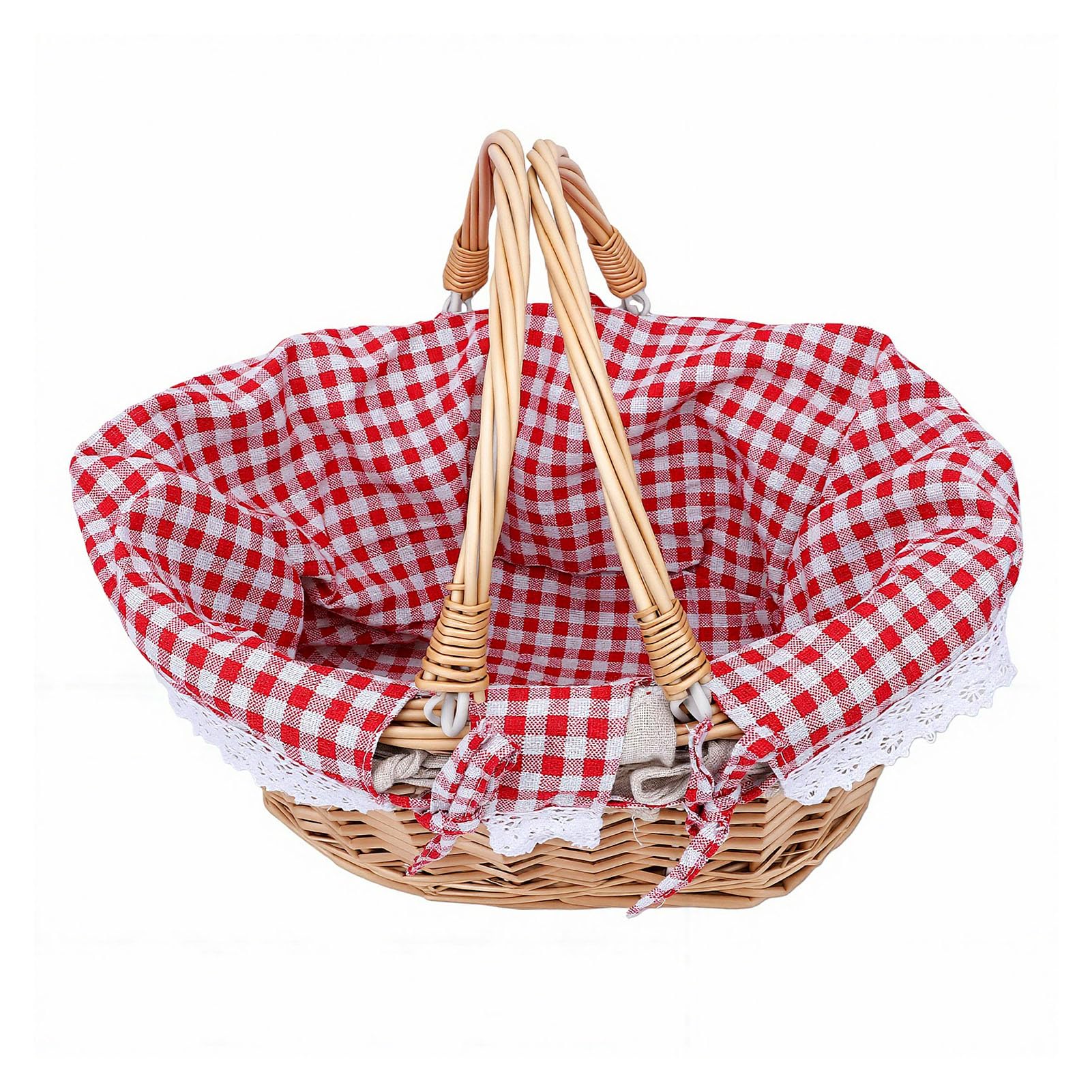 Tosuny Cestino da Picnic in Vimini, Cesto da Picnic Ovale Intrecciato con Doppi Manici Pieghevoli, Fodera Staccabile, Grande Cestino Vintage per Campeggio all'aperto (Griglia Rossa)
