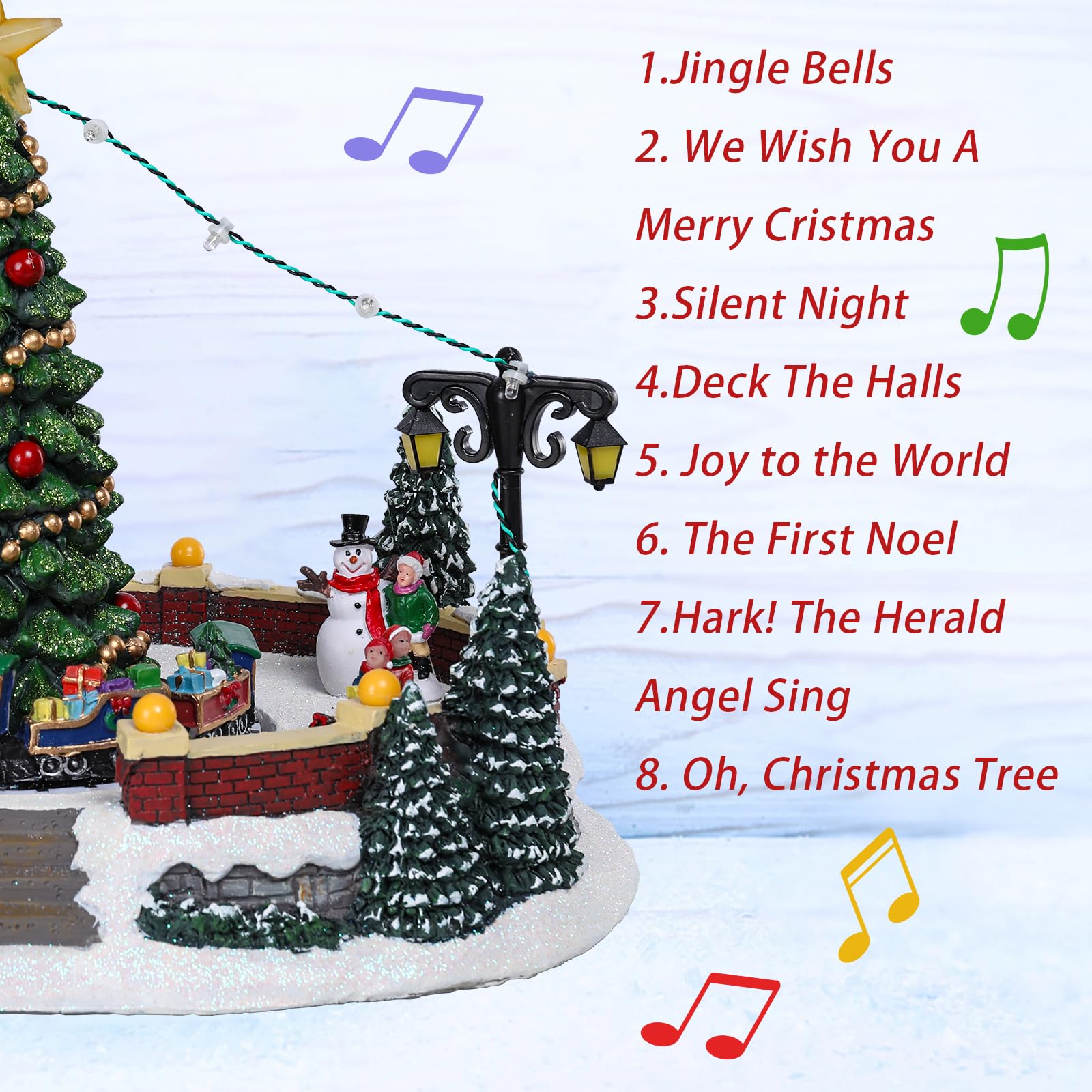 MUMTOP Village de Noël carré avec train mobile, train rotatif lumineux avec musique pour décoration de table de Noël en intérieur