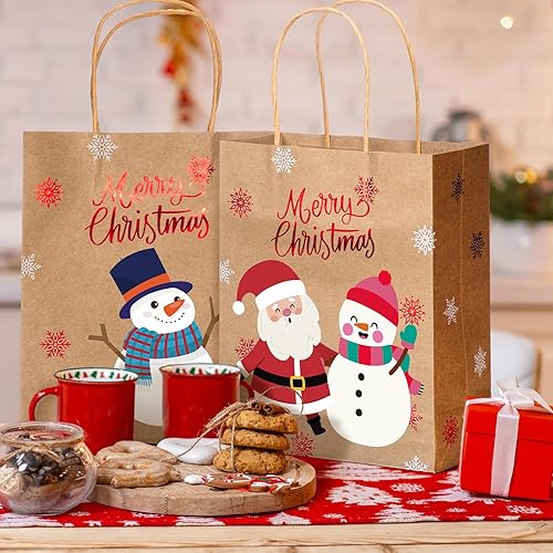 Miniatura 5 de MOORAY Paquete de 24 bolsas de regalo de Navidad con asas, bolsas de papel kraft de Navidad con papel de seda, 7 x 3.15 x 8.7 pulgadas, bolsas de