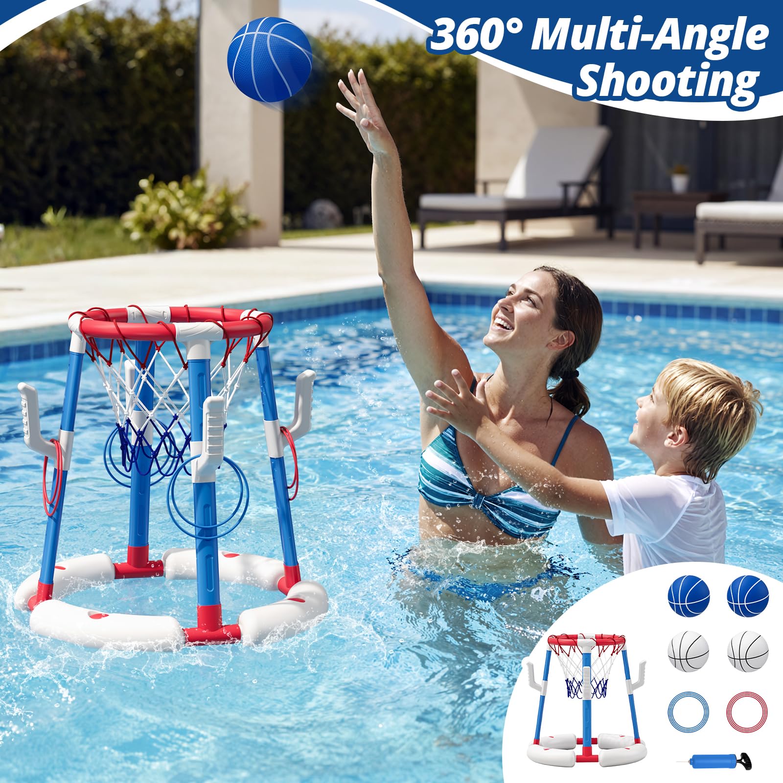 HYES Canasta de Baloncesto Piscina, Flotante Canasta Juguetes para Niños, Piscina de Baloncesto con 4 Bolas 8 Anillo, Juegos de Agua Interior y Exterior para Niños Adultos, Rojo