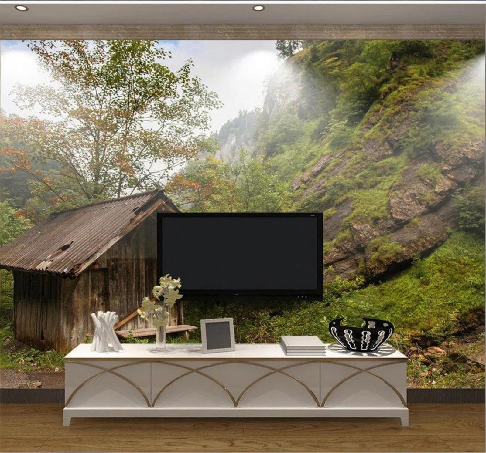 Fresh Mountains Log Cabin Rustic Style 3D Wallpaper Easy Install Feature Office Living Room Sofa Bedroom TV Background Wall Decoration-250cm×170cm