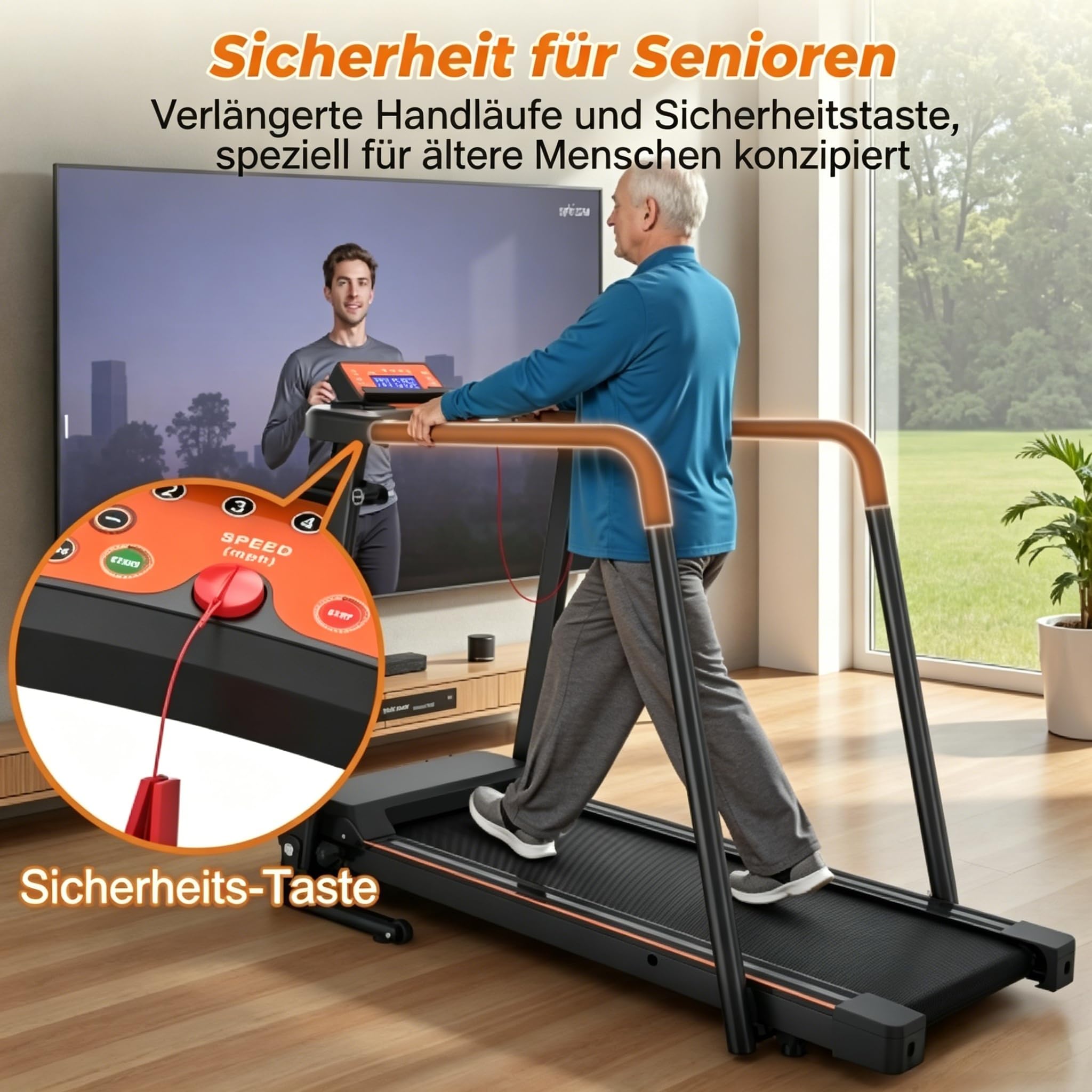 Laufband für Senioren Klappbar mit Handlauf - Elektrisches Fitnessgerät leise & gelenkschonend, Walking Pad für Zuhause bis 135 kg kompakt faltbar, Ideal für ältere Menschen & Rehabilitation