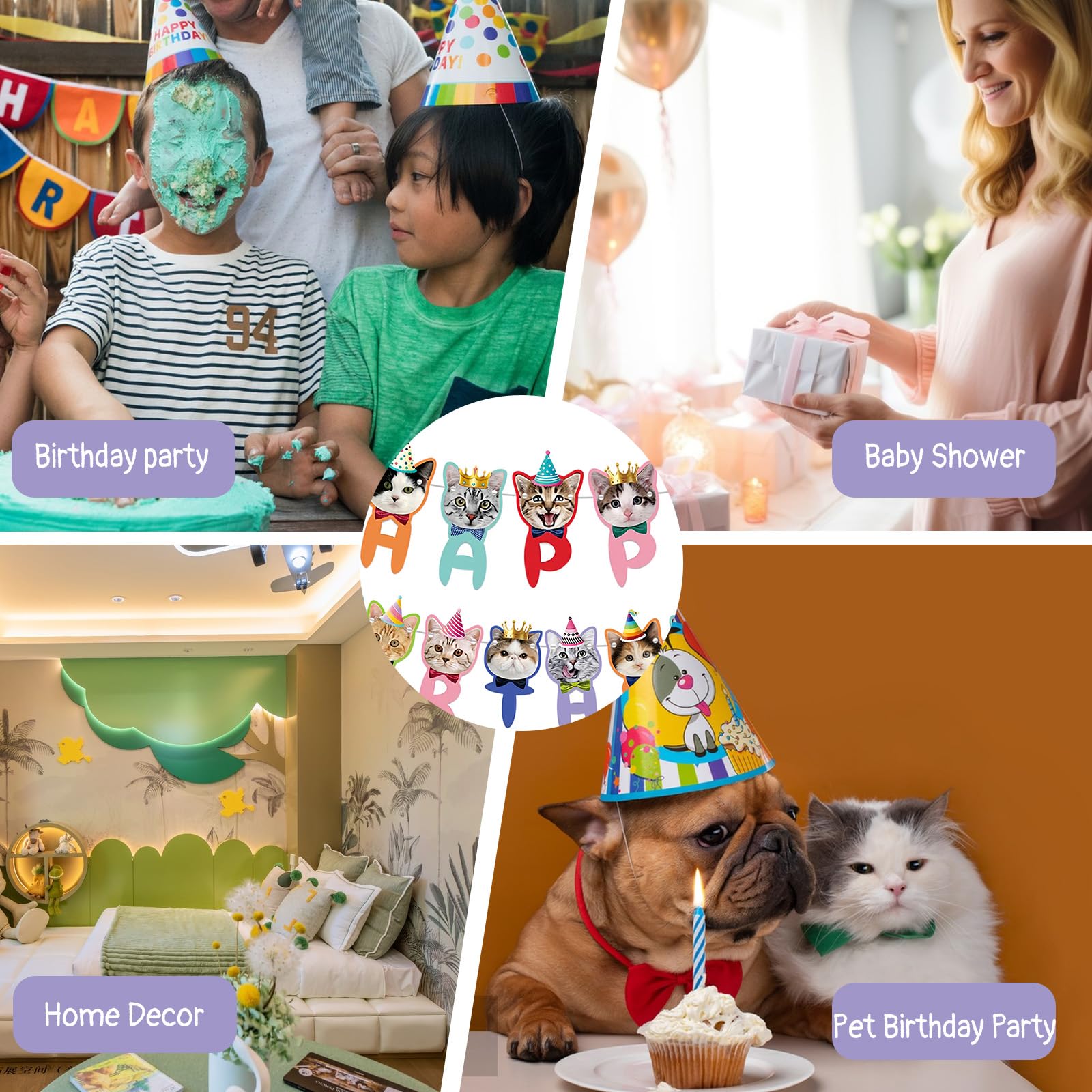 Huakaile Katzengeburtstags-Deko – Banner + Kuchenaufsatz + 8 Cupcake-Topper, Bunt, Aus Karton