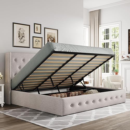 Miniatura 27 de Allewie Cama de almacenamiento elevable tamaño Queen, cabecera moderna con respaldo alado, soporte hidráulico, no necesita somier, color beige claro