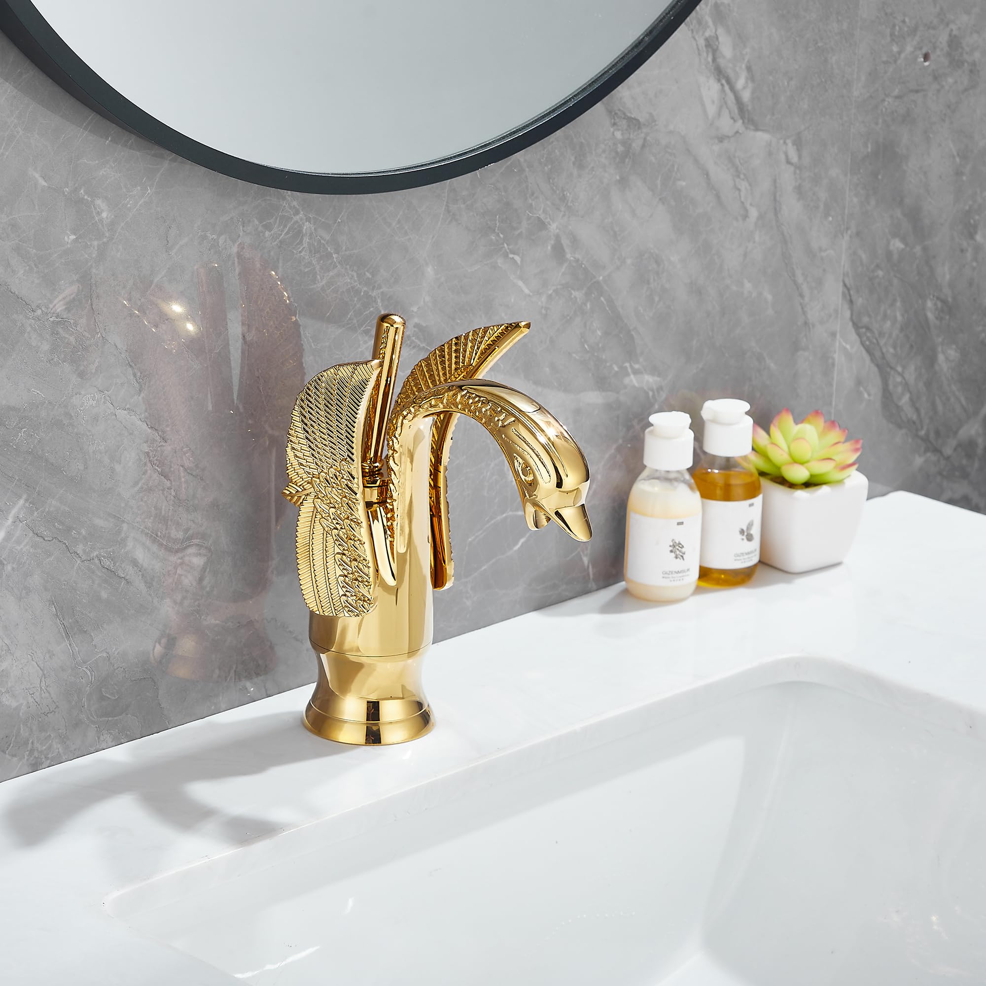 Grifo de baño dorado con forma de cisne GGStudy con un solo mango, un agujero, grifo de lavabo para lavabo