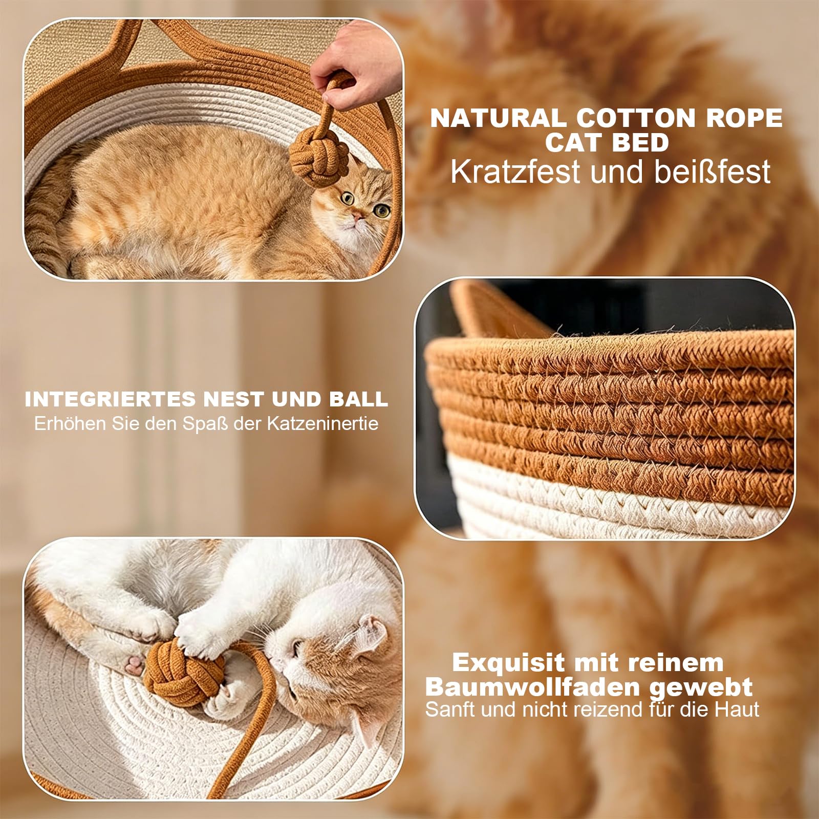 Katzenbett mit Seilball, 46x46x16 cm Rundes Katzenkorb aus Baumwollseilen, Atmungsaktiv Waschbar Drinnen Katzenkörbchen, Katzenhöhle für Alle Katzen und Welpen