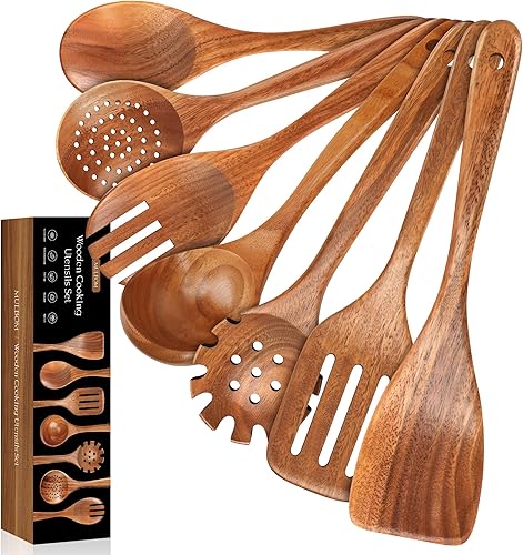 Miniatura 9 de MULBOM Juego de 5 cucharas de madera para cocinar, utensilios de cocina de teca natural, superficie antiadherente lisa, juego de utensilios de
