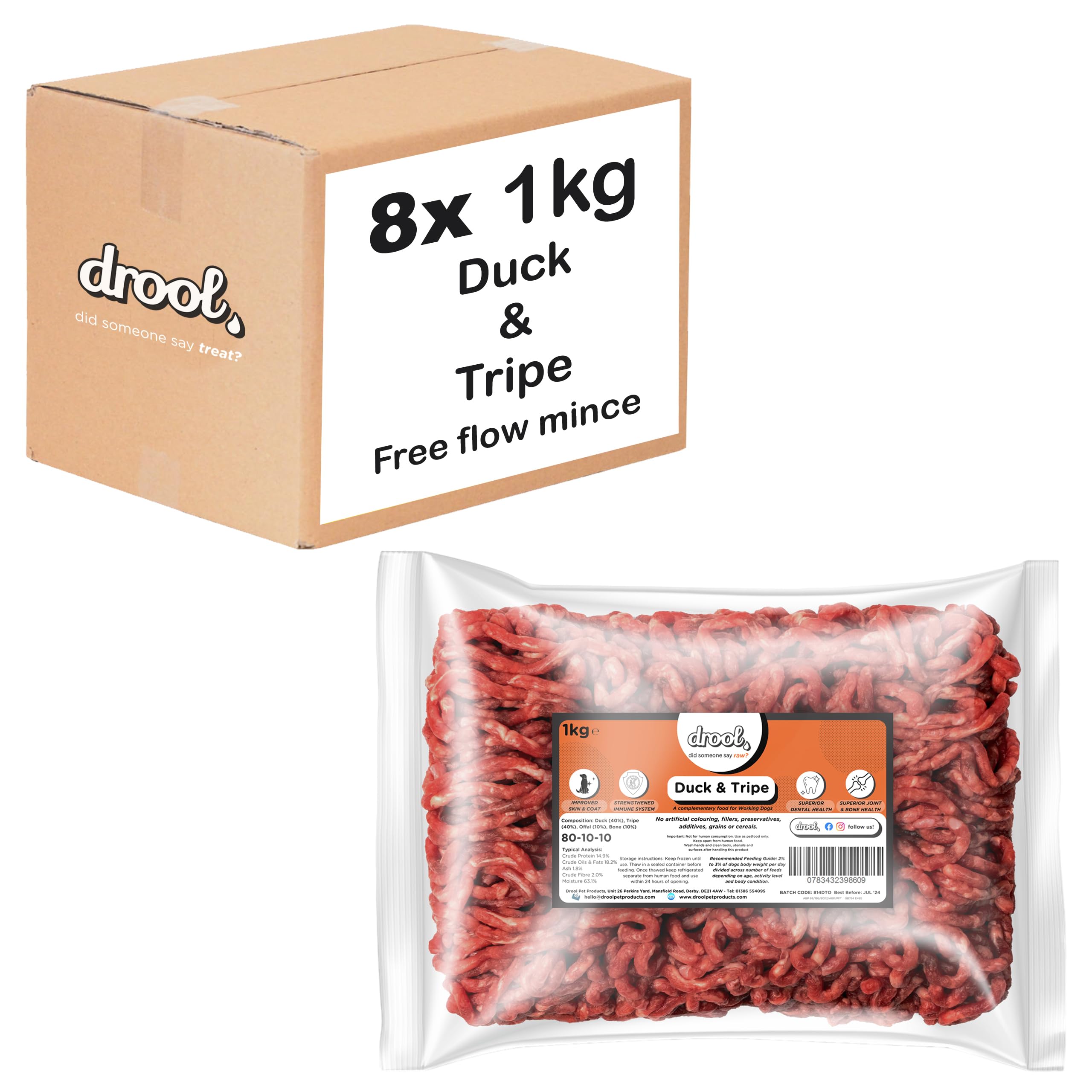 Drool Duck & Tripe Freeflow Mince 8 x 1kg | 100% Natural Raw Dog Food | Premium Raw | Frozen Dog Food for Optimal Canine Health — image 1