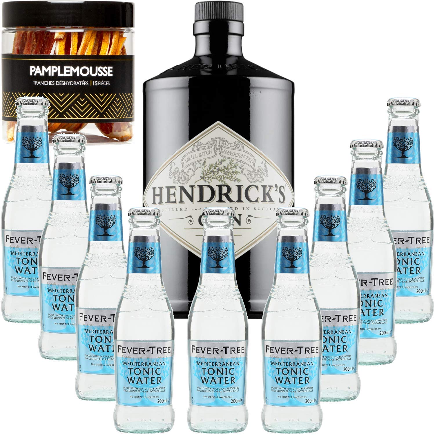 Hendricks Gin 41,3 ° + 9Fever Tree Mediterranean Agua - - Gintonic (70cl + 9 * 20 cl) + Pot 15 rebanadas de pomelo se seca.