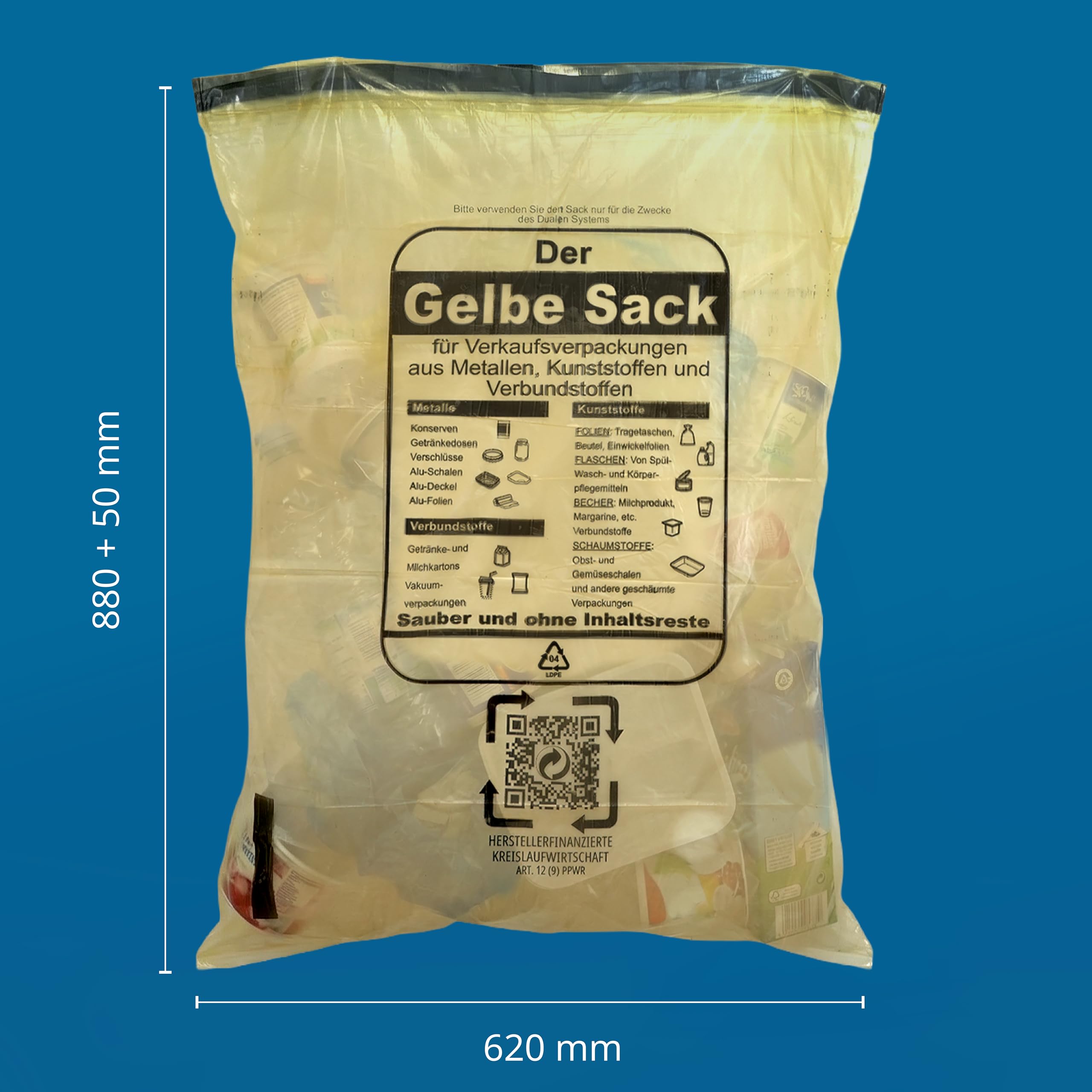 130 Gelbe Säcke (10x13) – 22 µ, Reißfest & Elastisch, 98% Recycling-LDPE, Nachhaltig, Hergestellt in der EU, Strapazierfähig für Plastikmüll & Recycling