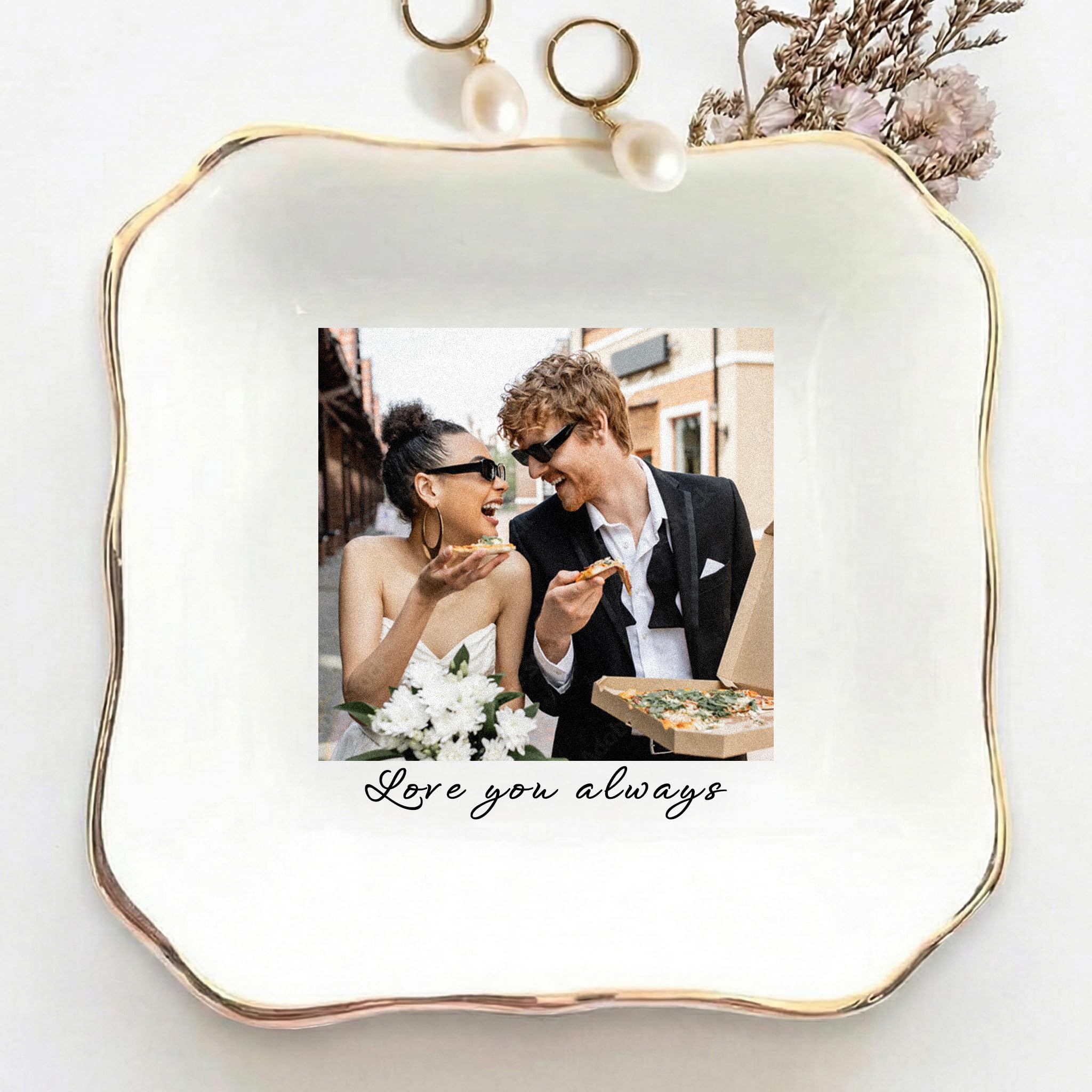 SOMARE Personalised Photo Jewellery Dish for Wife or Girlfriend, Custom Text & Name Signature, 4 Inch Ceramic Ring Trinket Dish Tray for Rings Earrings, Romantic Birthday Gift for Her