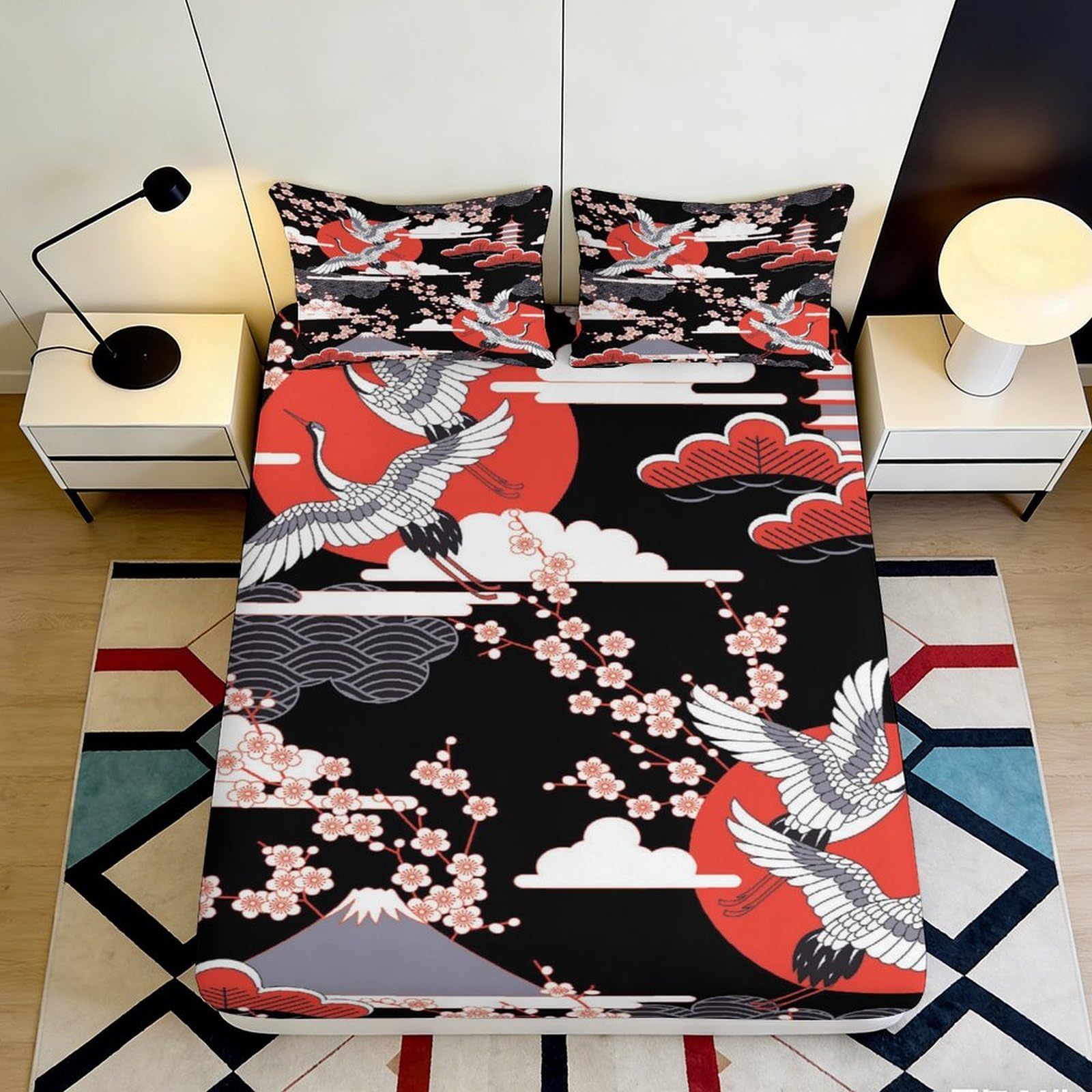 3D Printed Japanese Crane Fitted Sheet Microfiber Soft Breathable Cherry Blossom Bed Cover for Bedroom Dormitory Guest Room Mattress Protection Decor 120x200x25cm