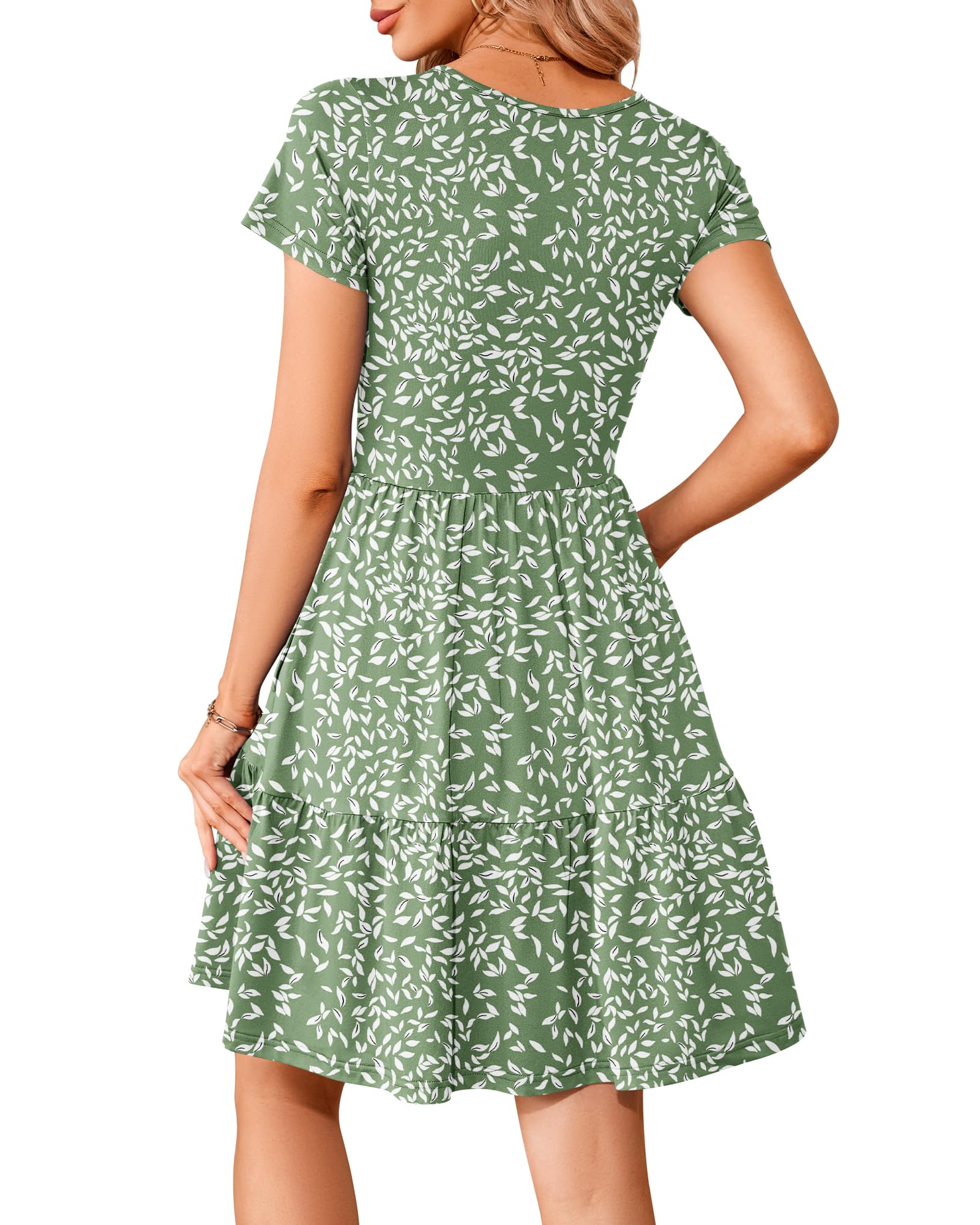 WNEEDU Sommerkleider Damen V Ausschnitt Kurzarm Strandkleid Elegante Knielange Freizeitkleid Taillenbetontes Midikleid mit Taschen