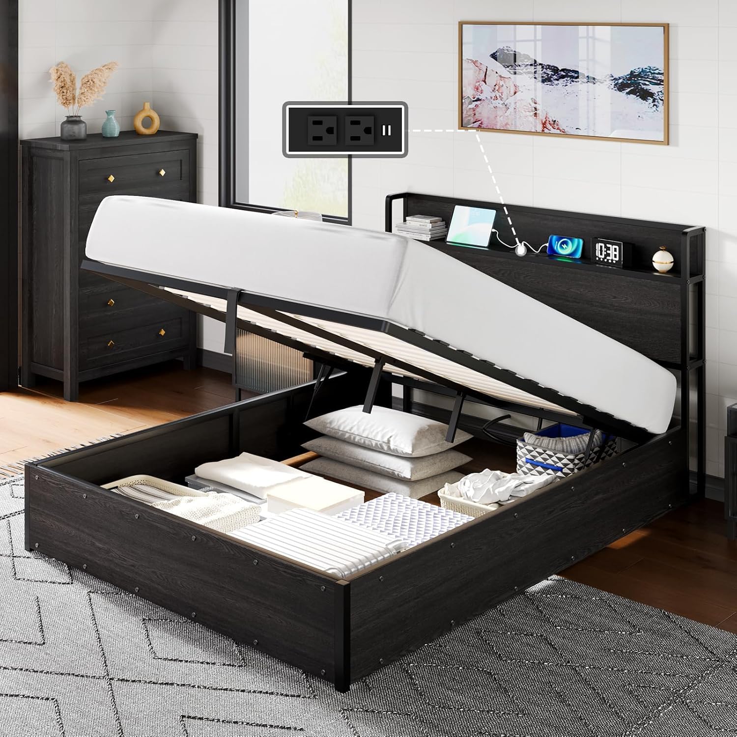LUXOAK Letto Contenitore con Sollevamento 140 x 200 cm, Spazio Contenitore e Stazione di Ricarica, Nessun Box Spring Necessario, Silenzioso, Nero, Senza materasso