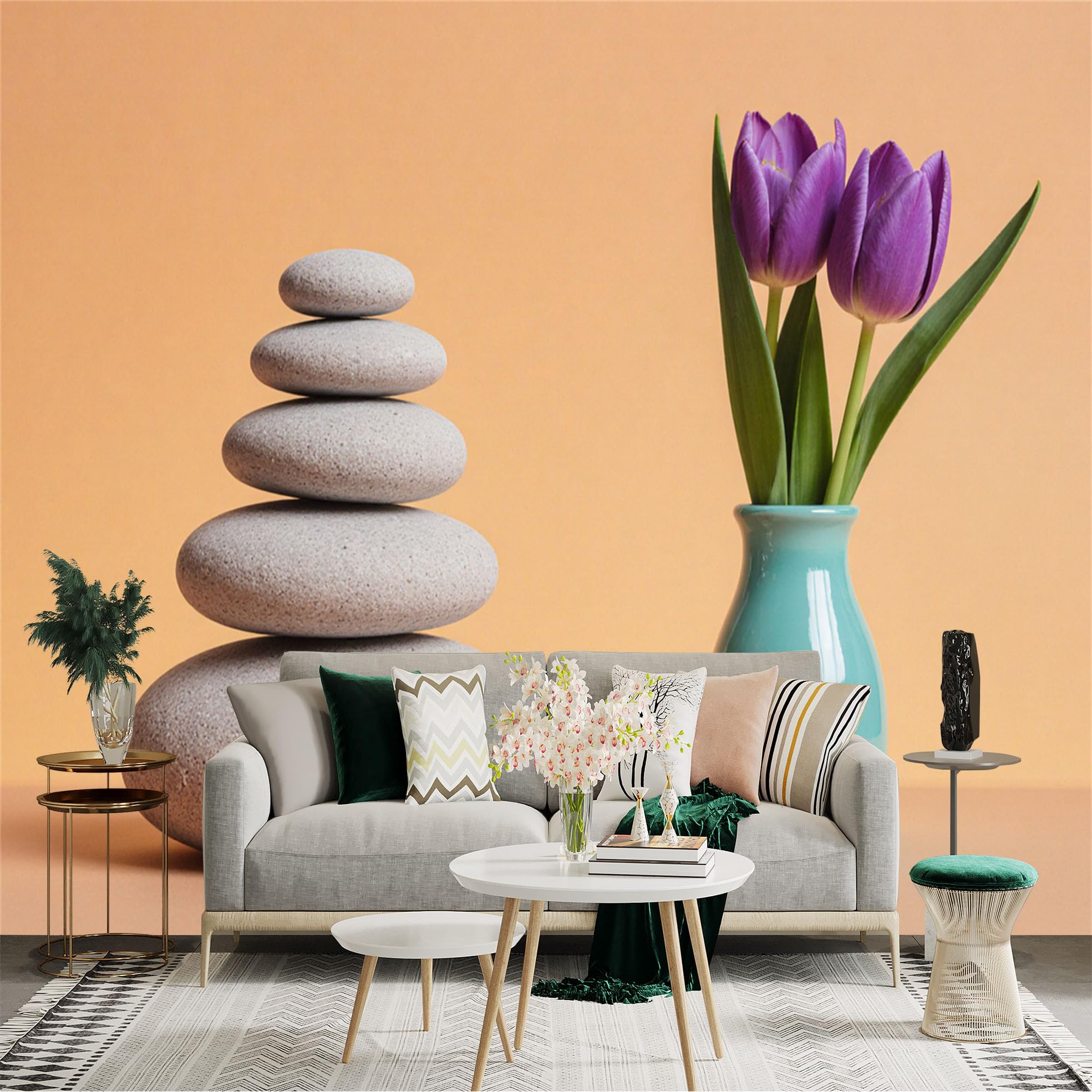 Custom Size Wall Sticker Mural， Zen Stone Stacking， Purple Tulips in Teal Vase， Spa Still Life Concept， for wall Decoration， peelandstick wall Decals.