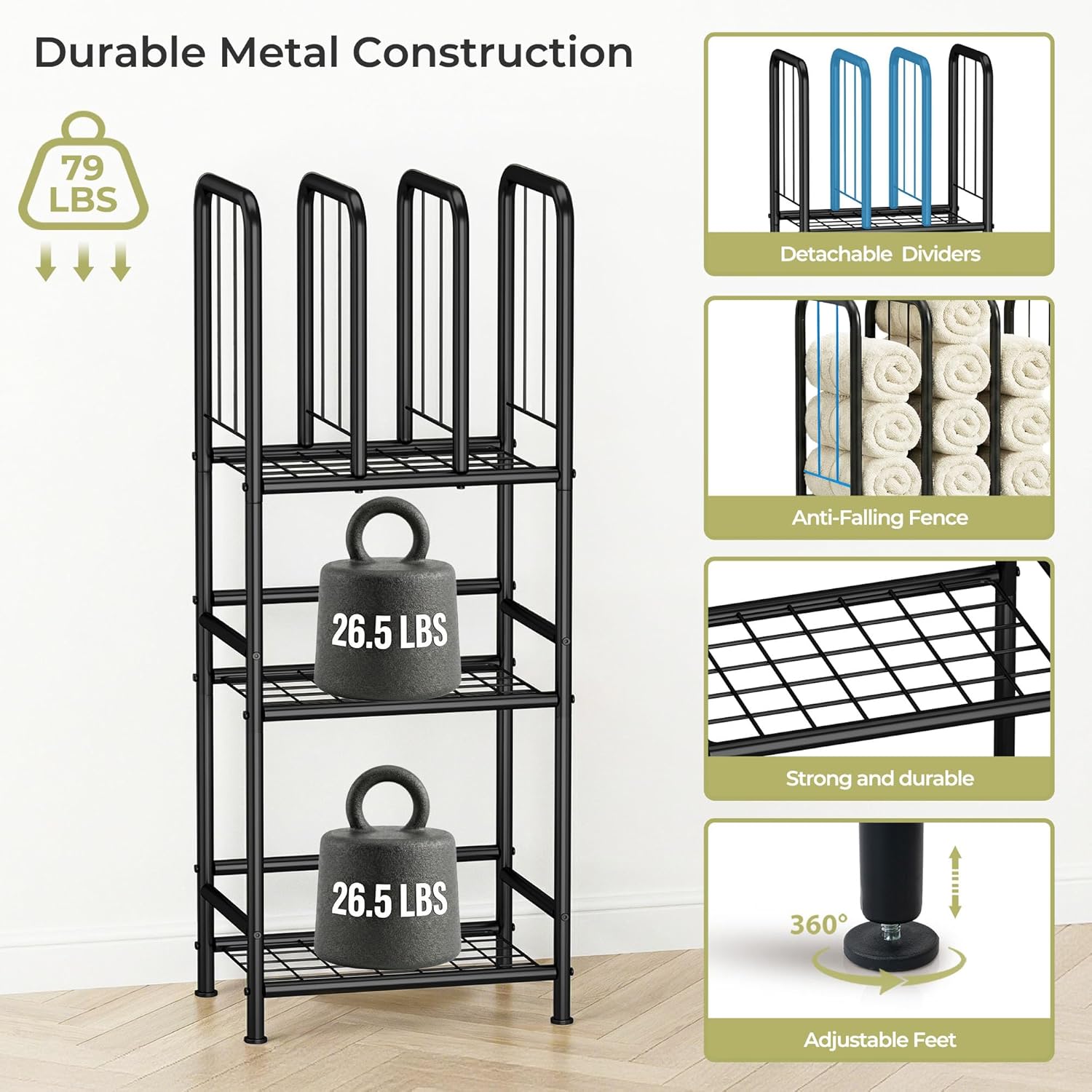 3 Tier Towel Racks for Bathroom with Dividers, Free Standing Metal Towels Holder Stand with Shelf, Towel Storage Organizer Bathroom Shelf, Metal Shelving Unit, Pool Towel Rack, Black