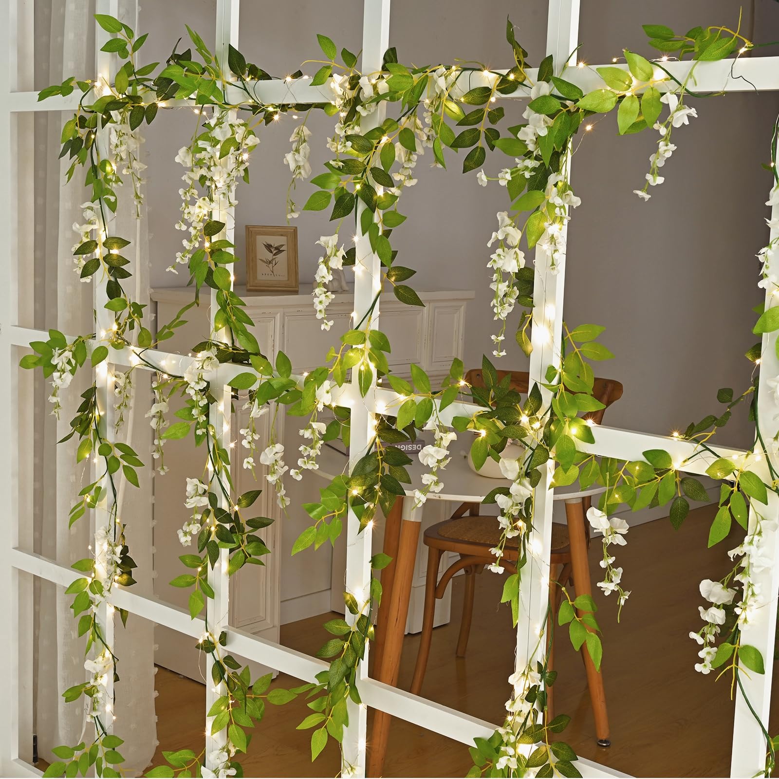Dolicer Wisteria Artificial Flower Garland 4Pcs Total 24Ft, Artificial Wisteria Garland with LED String Lights, White Wisteria Vines, Silk Wisteria Hanging Flowers for Wedding Arch Outdoor Garden