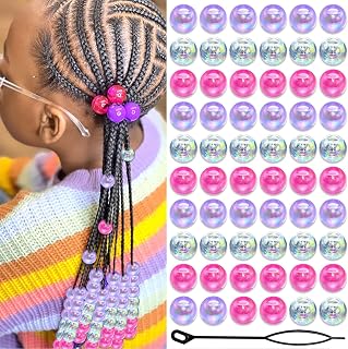 Auroriel 60PCS AB Perlas de Cabello Trenzas para Niñas Perlas Redondas de Acrílico Rosa Lila Transparente con Herramienta de Enhebrado