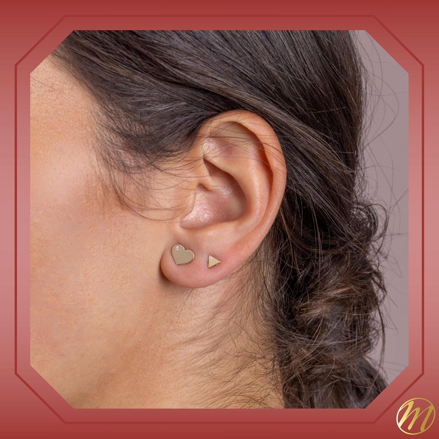 14k Yellow Gold Small Flat Triangle Earrings Stud Shiny Polished with Simulated Diamond Safety Screwback Covered Back Closure