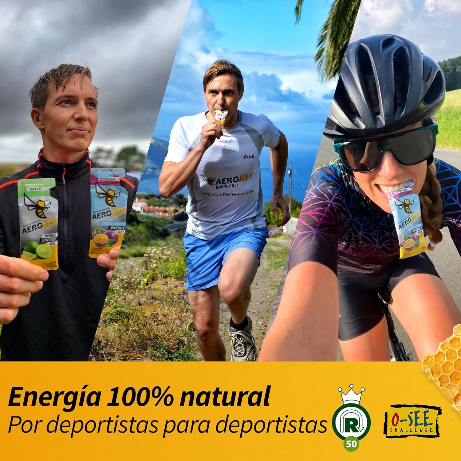 AEROBEE Energy Liquid Gel - Sabor a Miel y Sal 10x26g [Energético líquido 100% natural de miel] Gel líquido deportivo para ciclismo, deportes de resistencia, running, maratón, gel de carbohidratos