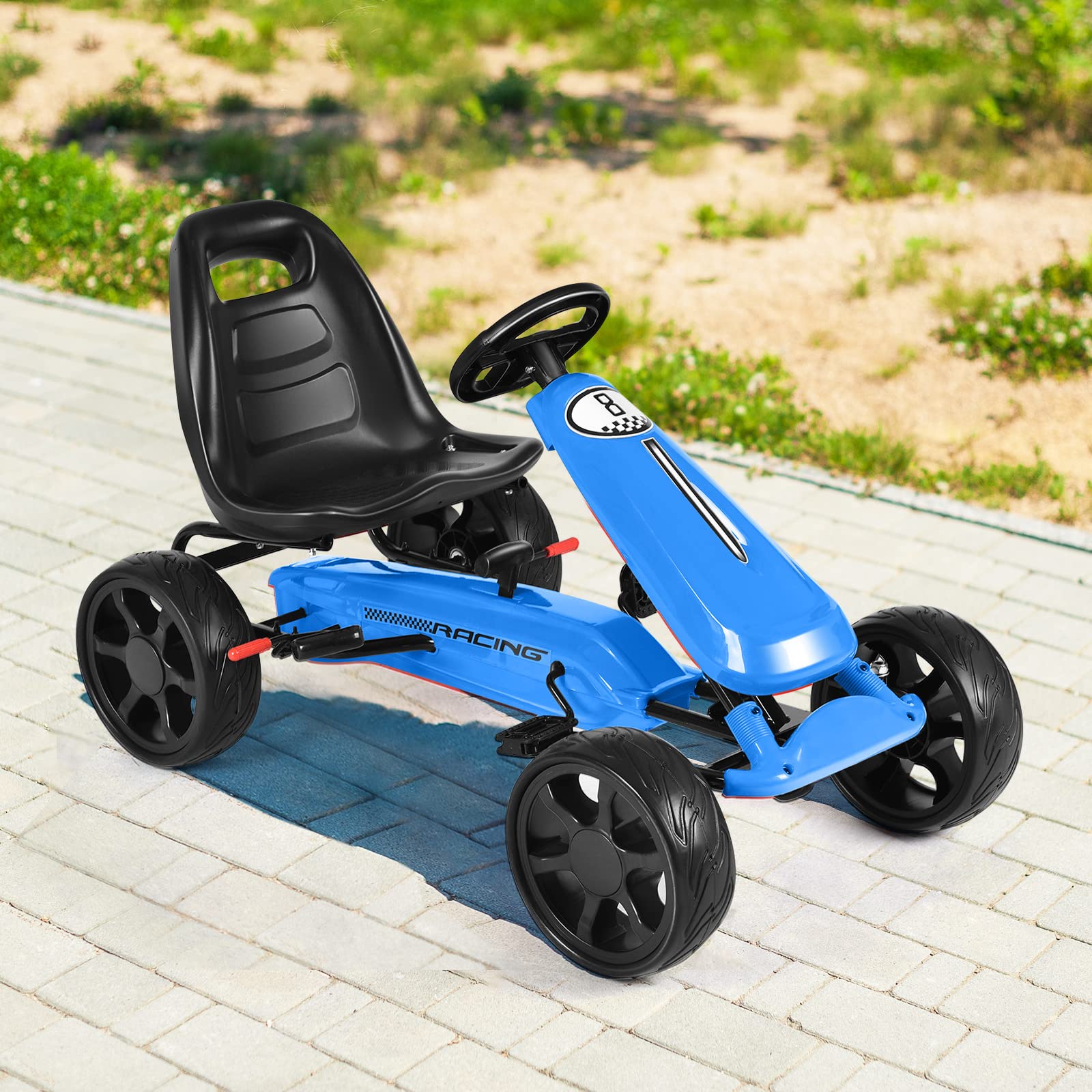 OLAKIDS Pedal Go Kart for Kids, 4 Wheel Powered Ride on Toy Car, Outdoor Indoor Foot Racer for Boy Girl with Adjustable Bucket Seat, EVA Tires, Clutch, Manual Brake (Blove)