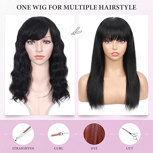 Miniatura 4 de WIGNEE Peluca de cabello humano 100% virgen suelta con flequillo, cabello humano brasileño ondulado para mujer, color negro natural (14 pulgadas)