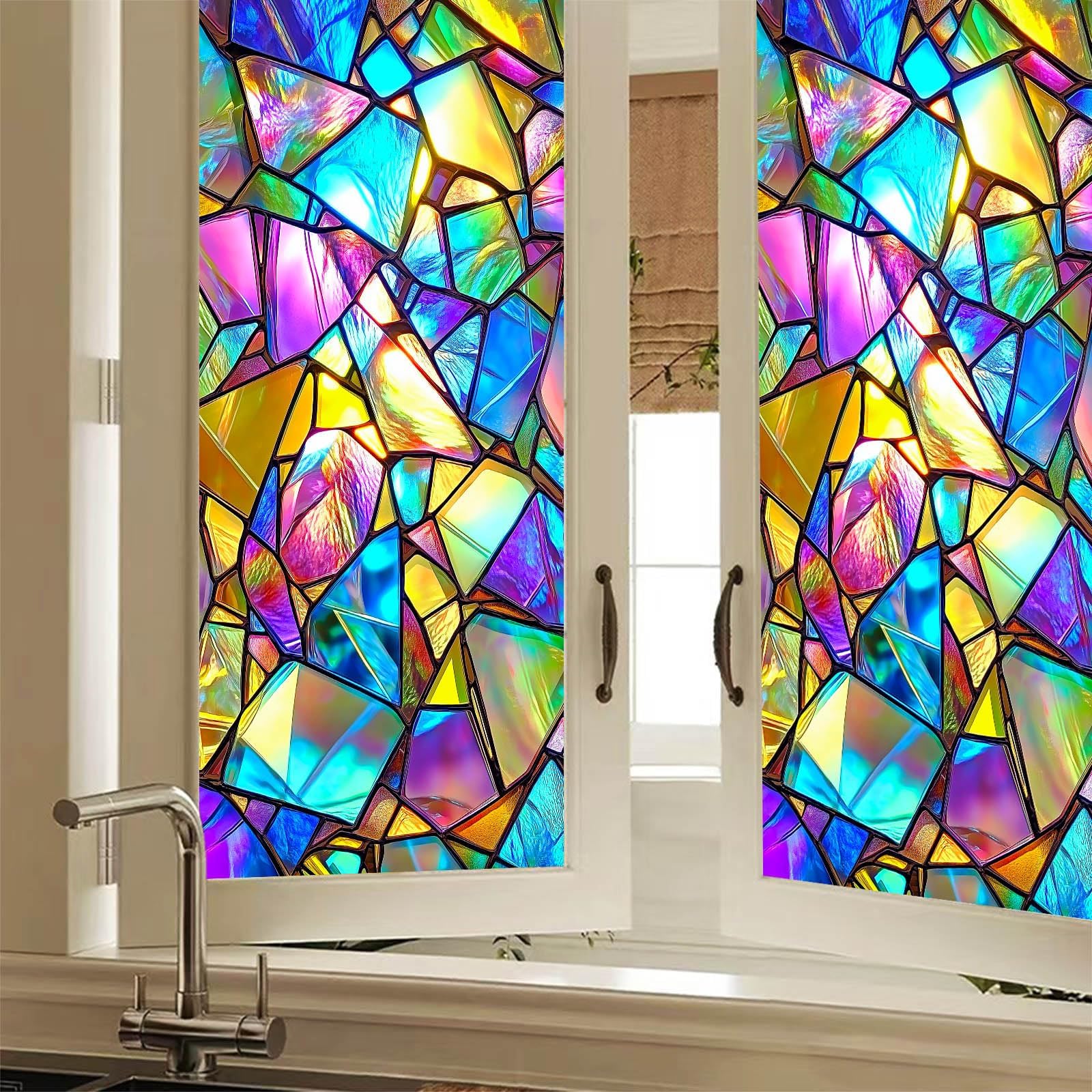 BlissYard Stained Glass Window Colorful Geometry Window Privacy Film Stained Decals Static Cling Sun Blocking Decor for Home Office Windows Doors Glass Partitions 17.7" L x 39.3" W