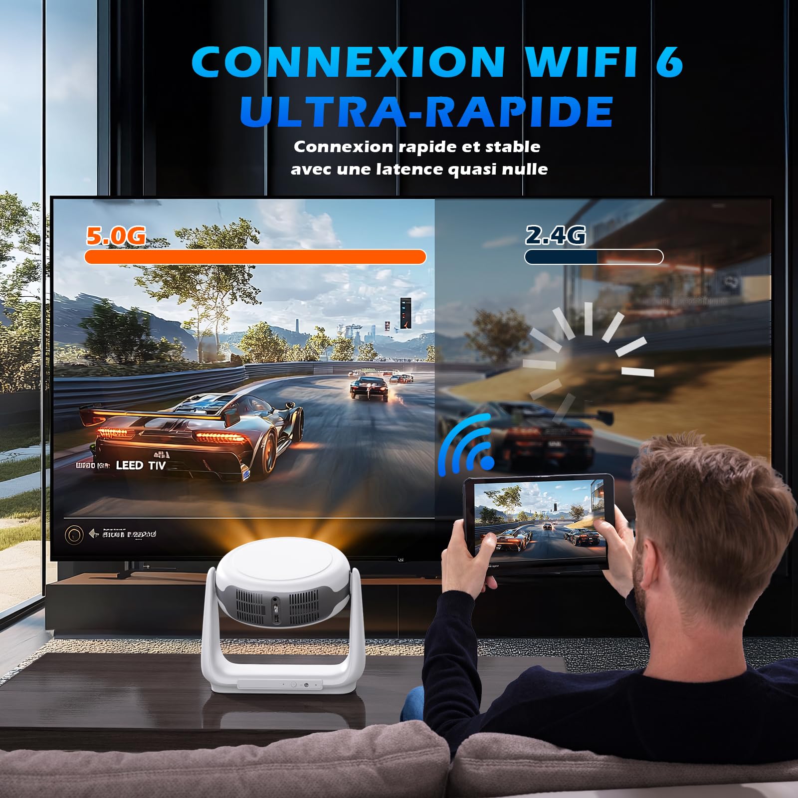 Vidéoprojecteur extérieur sans Fil avec Mise au Point Automatique et Correction du trapèze, Support vidéo Full HD 1080P et 4K avec WiFi6 Bluetooth, vidéoprojecteur pour Le cinéma à Domicile