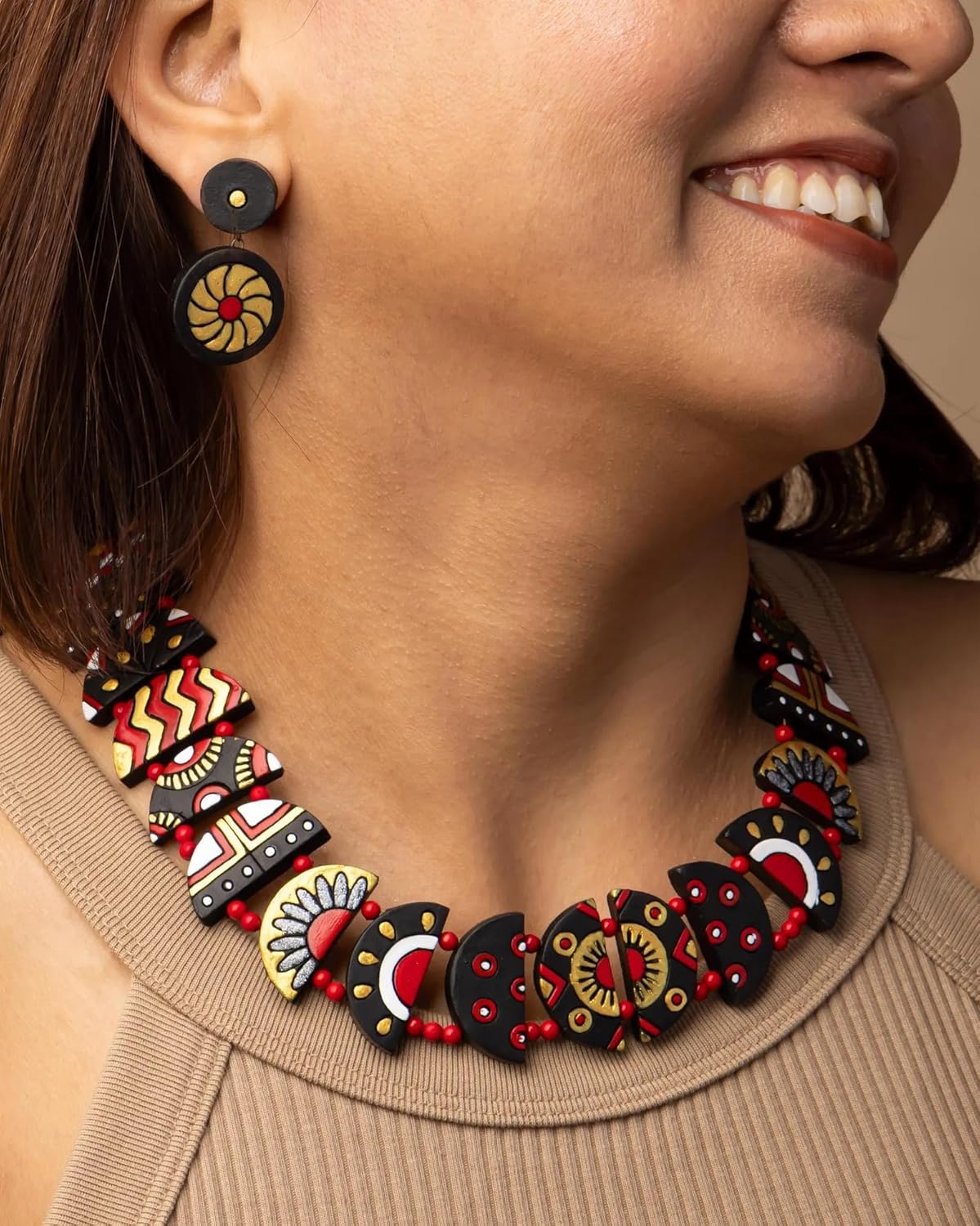 Celestial Creations Handmade Terracotta Necklace and Earrings Set – Boho Tribal Statement Jewelry for Women, Eco-Friendly Festival & Party Wear Gift - Image 2