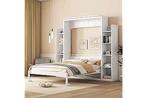 Queen Size Murphy Bed Wall Bed with Shelves and LED Lights