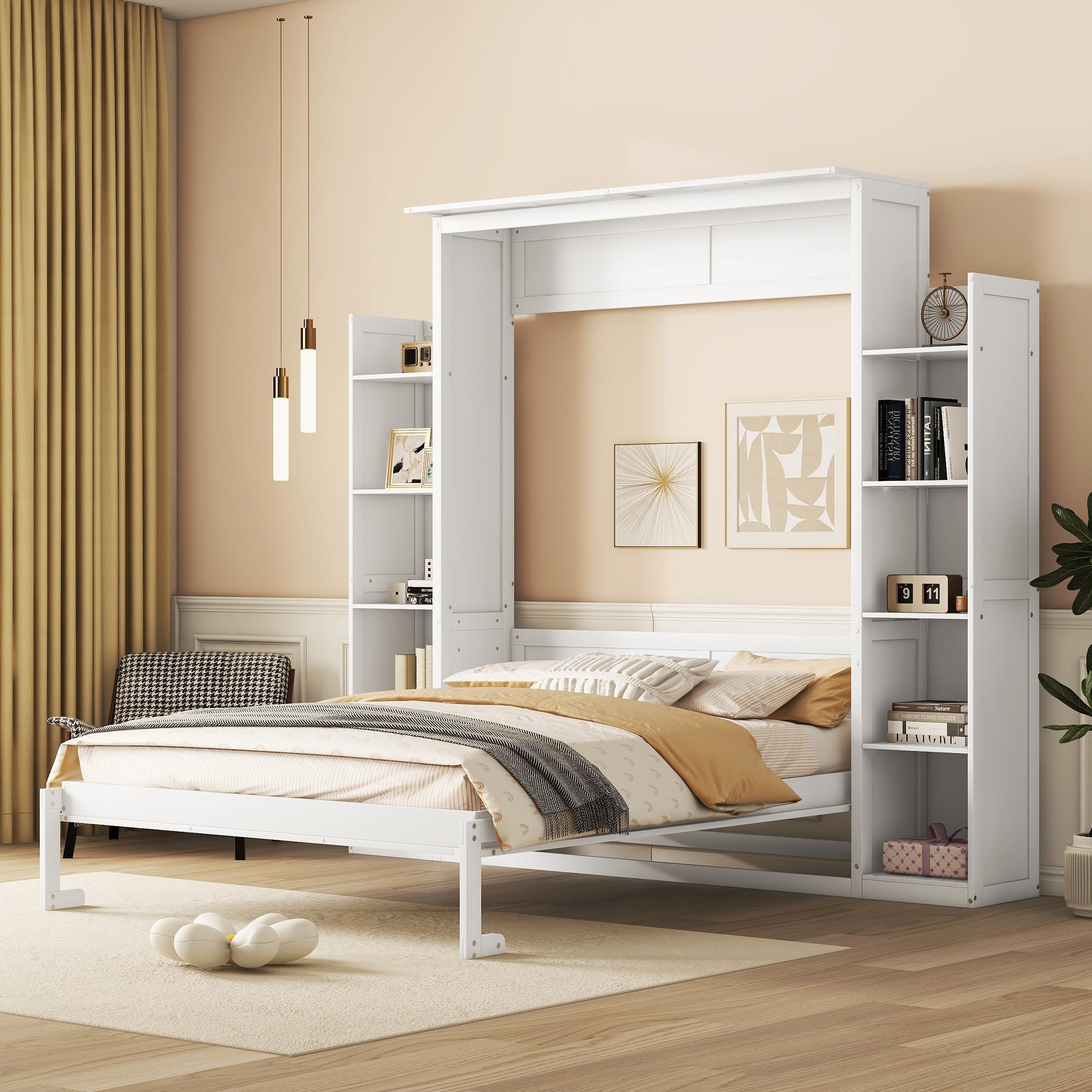 Queen Size Murphy Bed Wall Bed with Shelves and LED Lights,Wood Wall Bed can be Folded into a Cabinet,Modern Foldable Frame for Multipurpose Guest Room or Home Office (White@095)