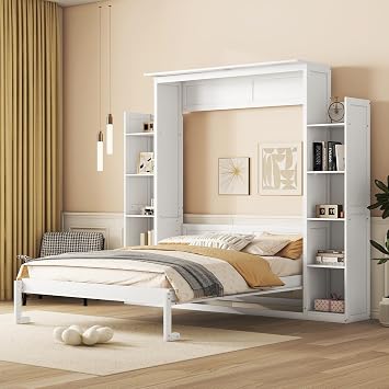 Queen Size Murphy Bed Wall Bed with Shelves and LED Lights,Wood Wall Bed can be Folded into a Cabinet,Modern Foldable Frame for Multipurpose Guest Room or Home Office White@095