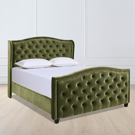 Jennifer Taylor Home Anastasia Upholstered Shelter Headboard Bed Set, Queen, Olive Green Performance Velvet