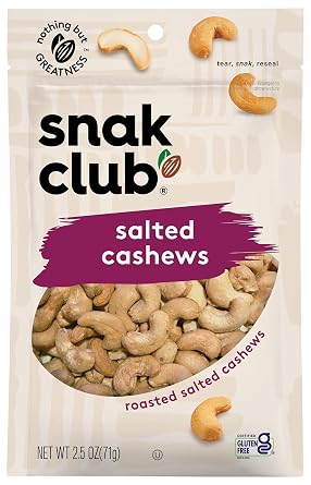 Snak Club Roasted & Salted Cashews, Crunchy Roasted Cashew, 2.5 oz, 6 Pack