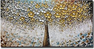 ART8YUQI Art - Contemporary Abstract Art Oil Painting On Canvas Texture 3D Silver - Golden Flower painting Handmade Artwork Picture Canvas Wall Art Modern Home Decor living room Ready to Hang 30x60 inch