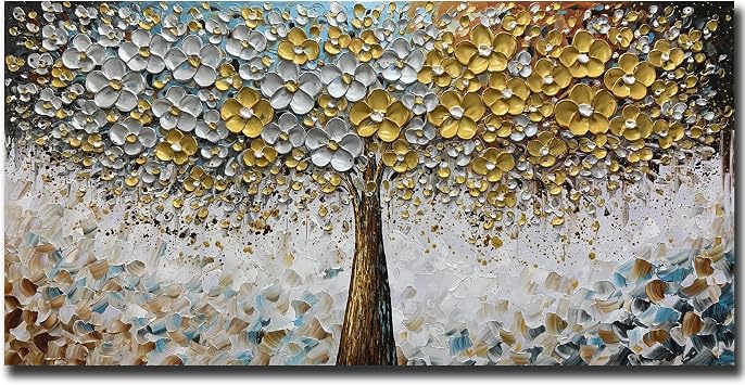 ART8YUQI Art - Contemporary Abstract Art Oil Painting On Canvas Texture 3D Silver - Golden Flower painting Handmade Artwork Picture Canvas Wall Art Modern Home Decor living room Ready to Hang 30x60 inch
