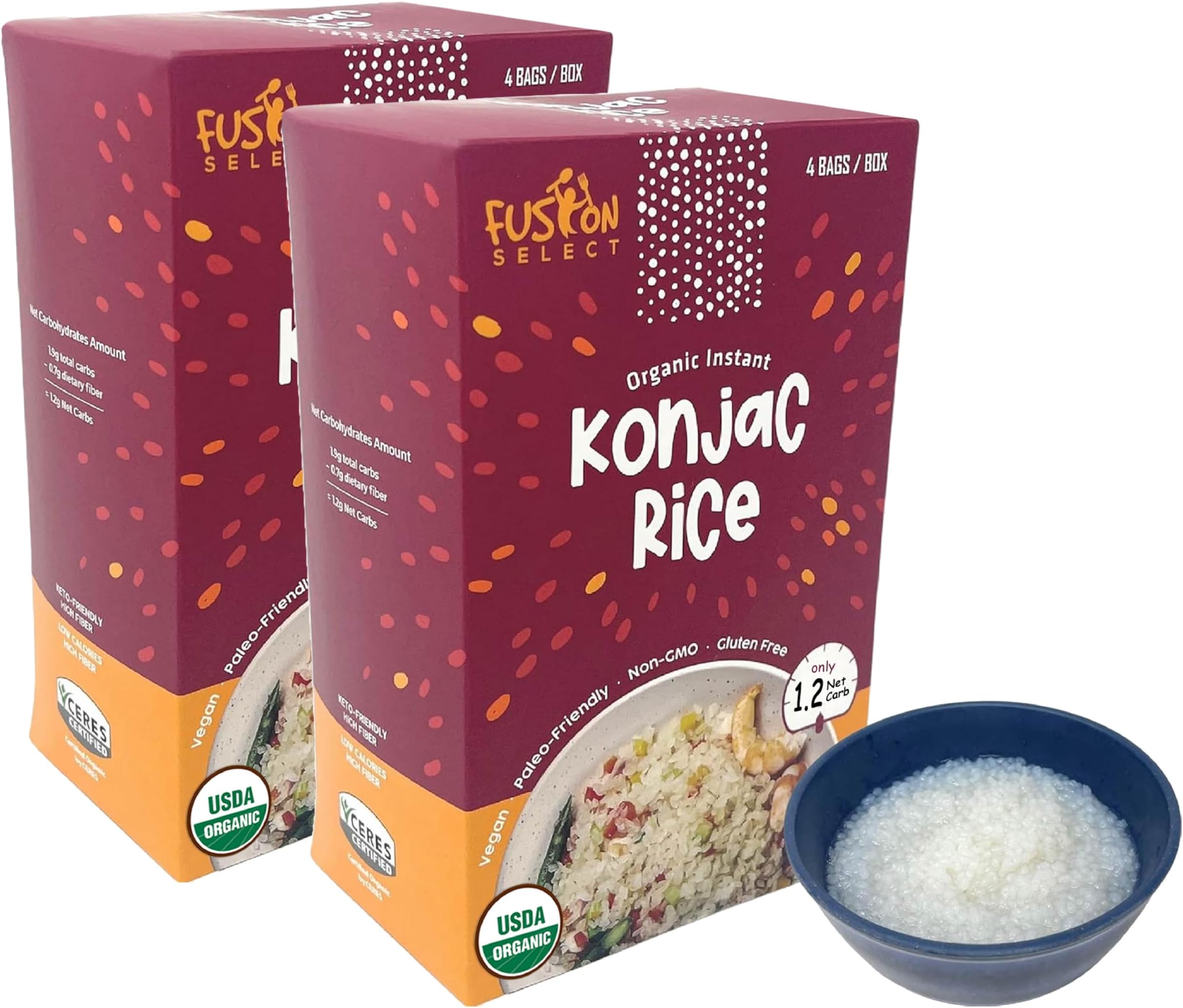 Fusion Select 8 Packs Organic Konjac Noodles - Shirataki Rice Plant-Based Substitute - Vegan Konjac Rice for Vegetarian, Keto, Paleo Recipes - Zero Gluten, Low Carb, Low Calorie Shirataki Konjac Rice