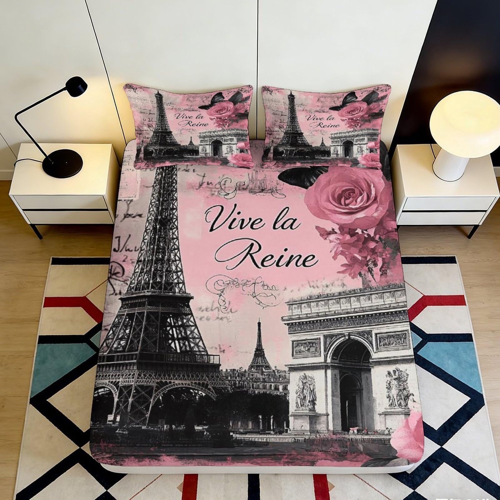 3D Printed Eiffel Tower Paris Rose Fitted Sheet Microfiber Soft Bed Cover for Bedroom Guestroom Easy Care Decor 90x200x25cm