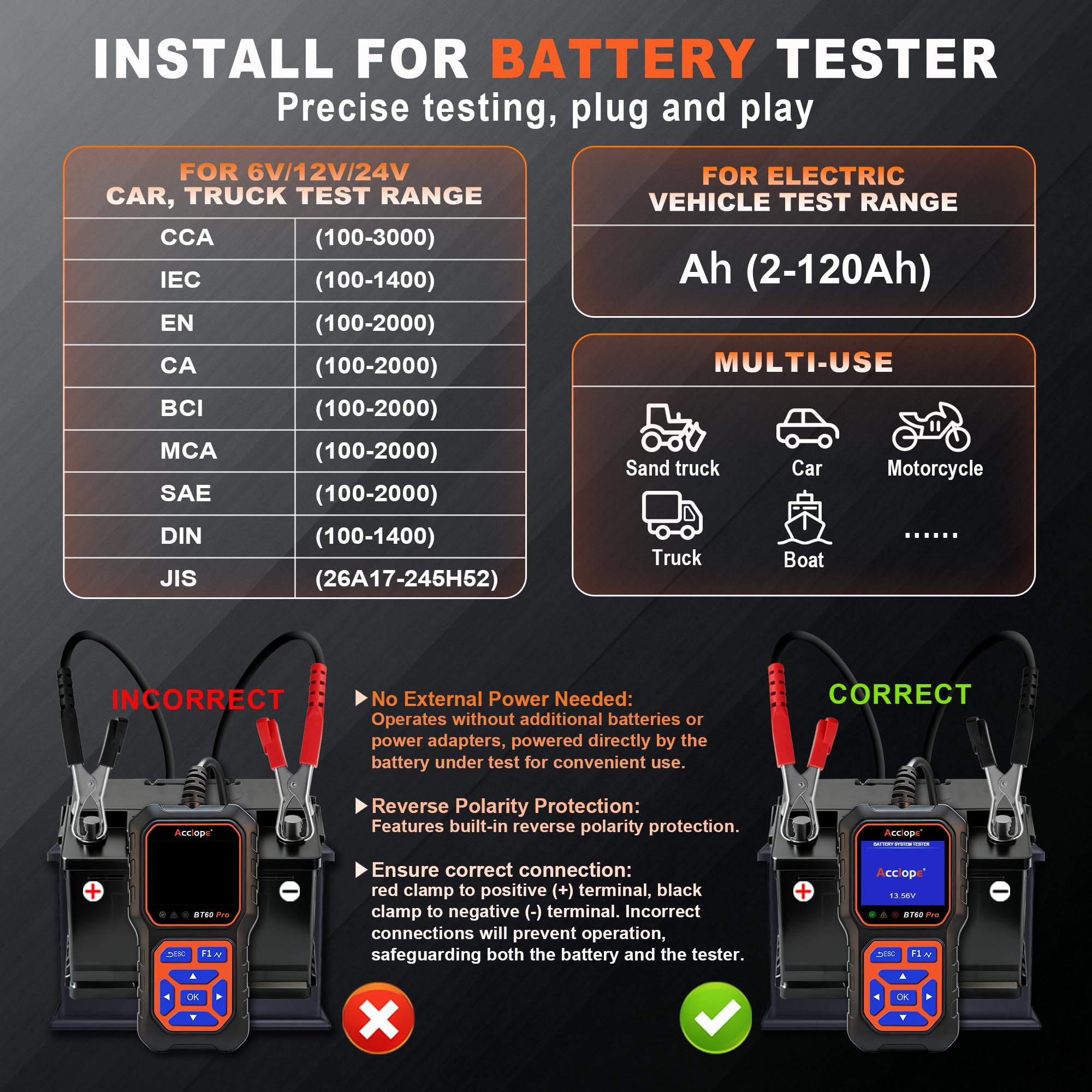 BT60 Pro 100-3000 CCA Comprobador de Baterías con Impresión en la Nube 6V 12V 24V AGM Litio Gel Analizador Digital Alternador Sistema de Carga y Arranque para Vehículos Camiones Motocicletas