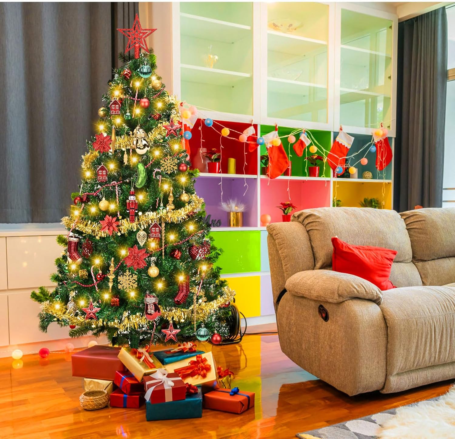 6ft Artificial Christmas Tree with Lights and Ornaments, Prelit Xmas Tree with Hanging Balls (8 Modes) for Home Holiday Decoration, Gold+Red+Green