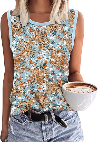 KISSMODA Womens Flora Print Tank Tops Ribbed Summer Shirt Sleeveless Summer Casual Women Blouses(S-3XL)