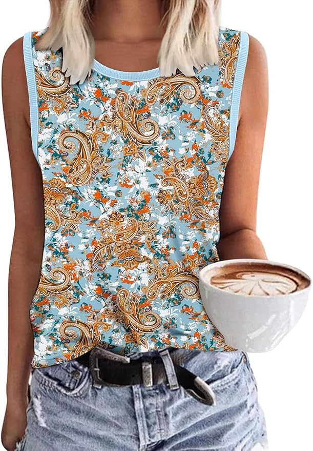 KISSMODA Womens Flora Print Tank Tops Ribbed Summer Shirt Sleeveless Summer Casual Women Blouses(S-3XL)